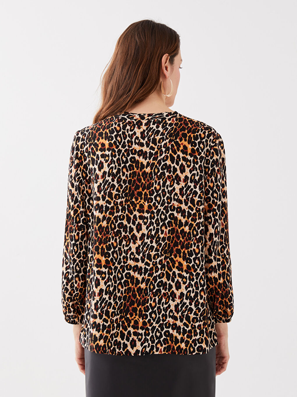 Ekru Bağlamalı Yaka Desenli Uzun Kollu Kadın Bluz-4