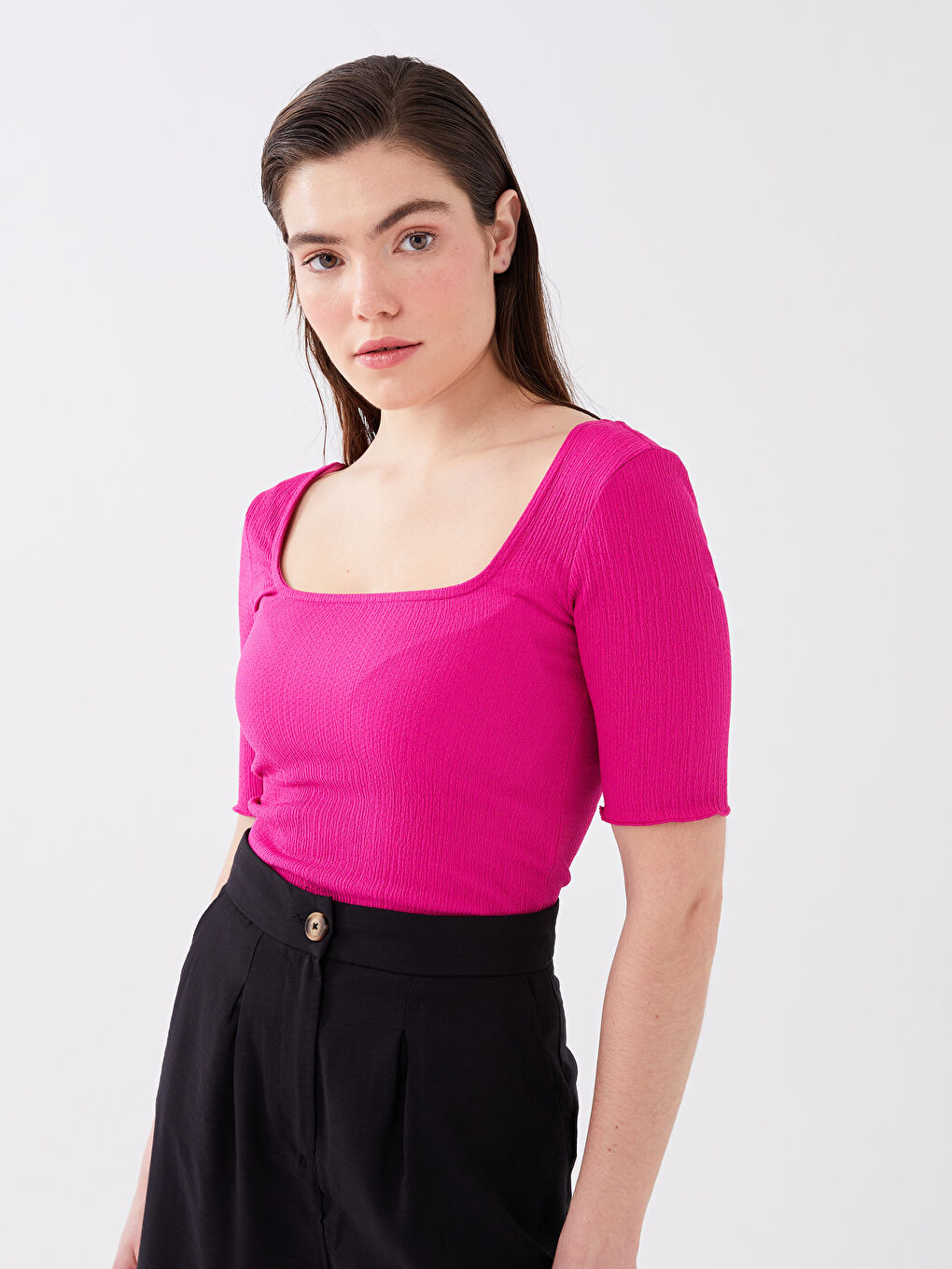 Fuşya U Yaka Düz Kısa Kollu Kadın Body