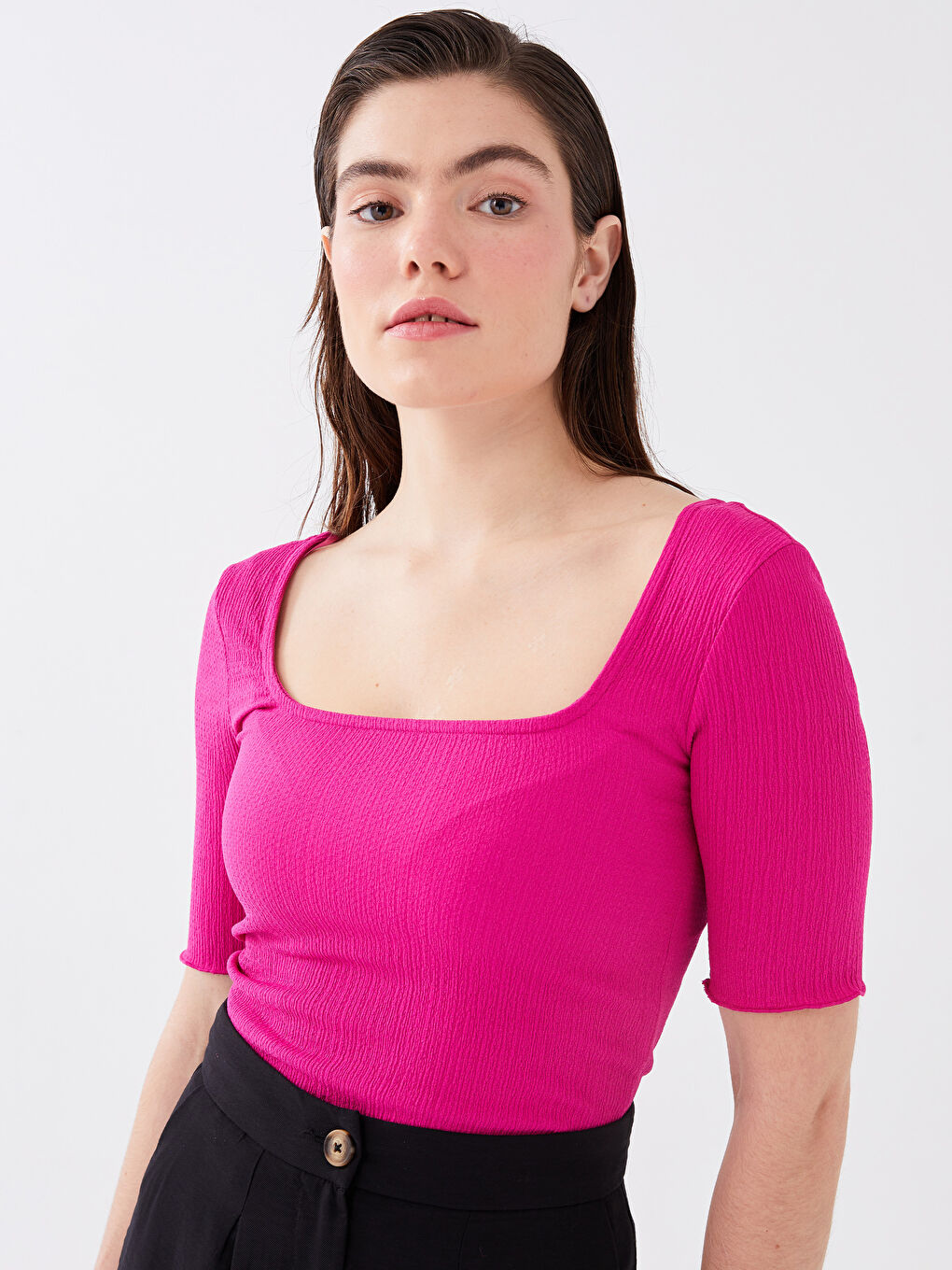 Fuşya U Yaka Düz Kısa Kollu Kadın Body-1