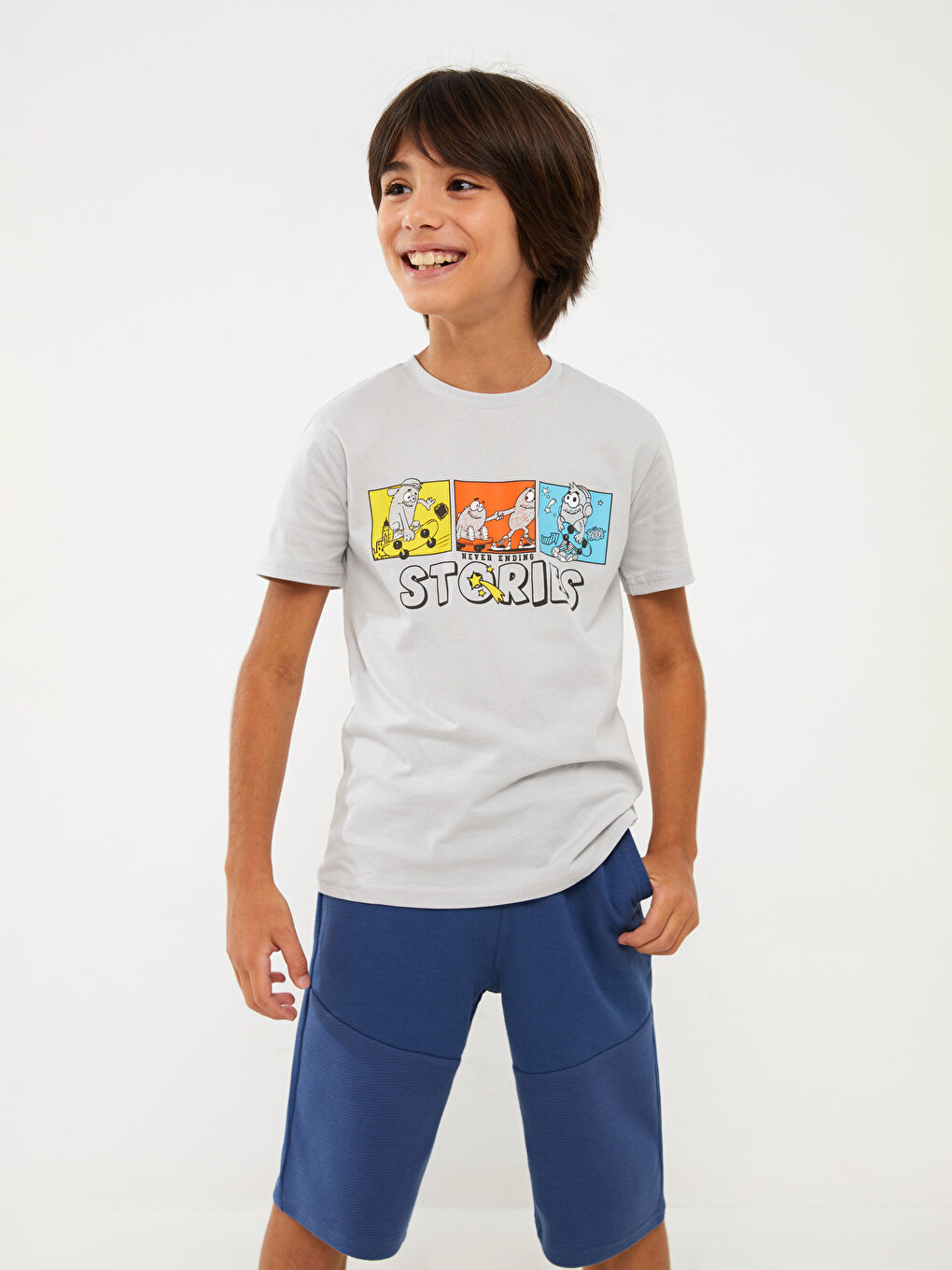 Gri Bisiklet Yaka Baskılı Kısa Kollu Erkek Çocuk Tişört-1