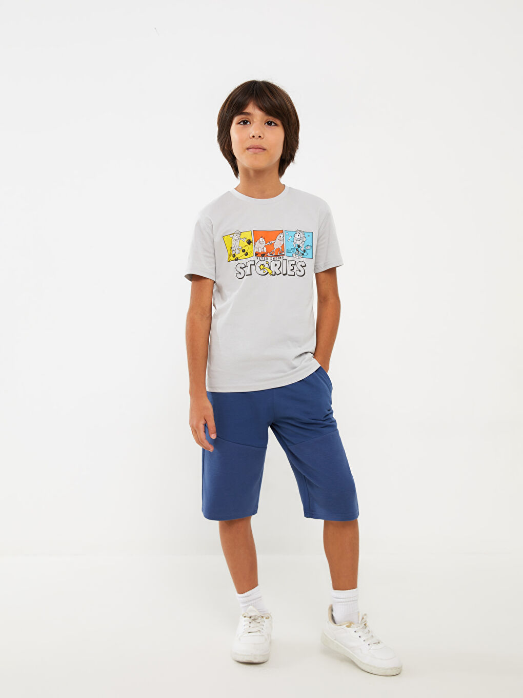 Gri Bisiklet Yaka Baskılı Kısa Kollu Erkek Çocuk Tişört-2