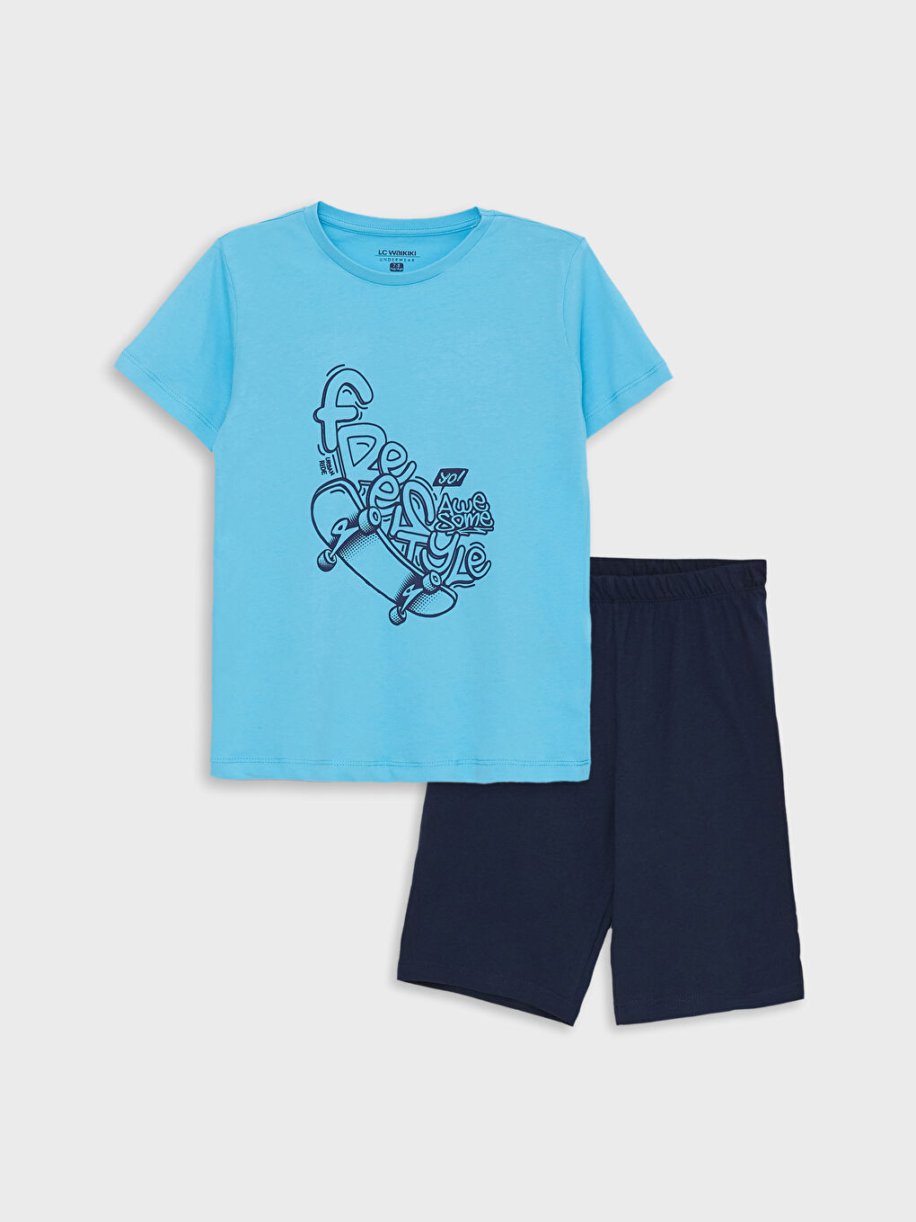 Mavi Bisiklet Yaka Baskılı Kısa Kollu Erkek Çocuk Şortlu Pijama Takımı