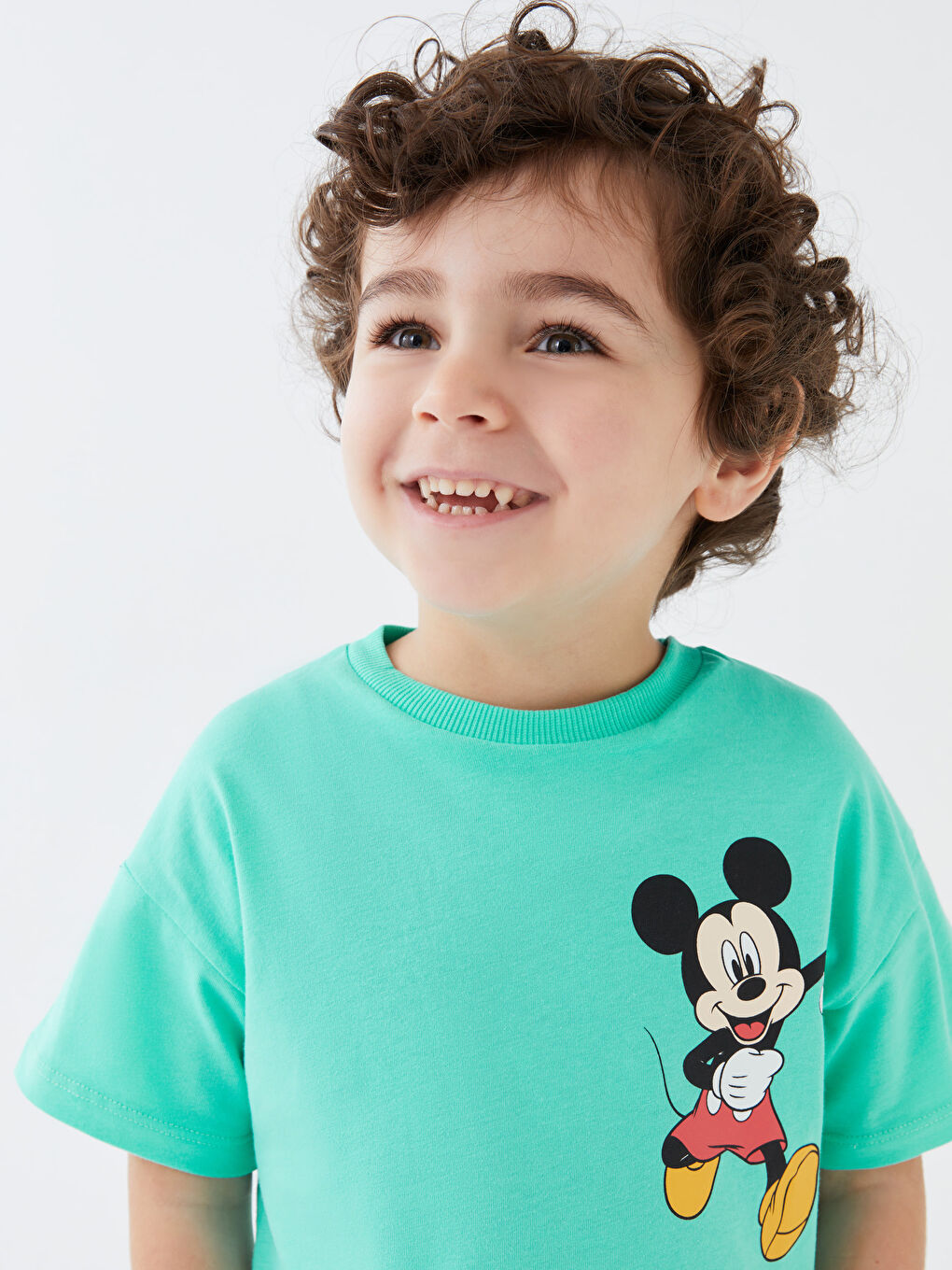 Turkuaz Bisiklet Yaka Kısa Kollu Mickey Mouse Baskılı Erkek Bebek Tişört-2