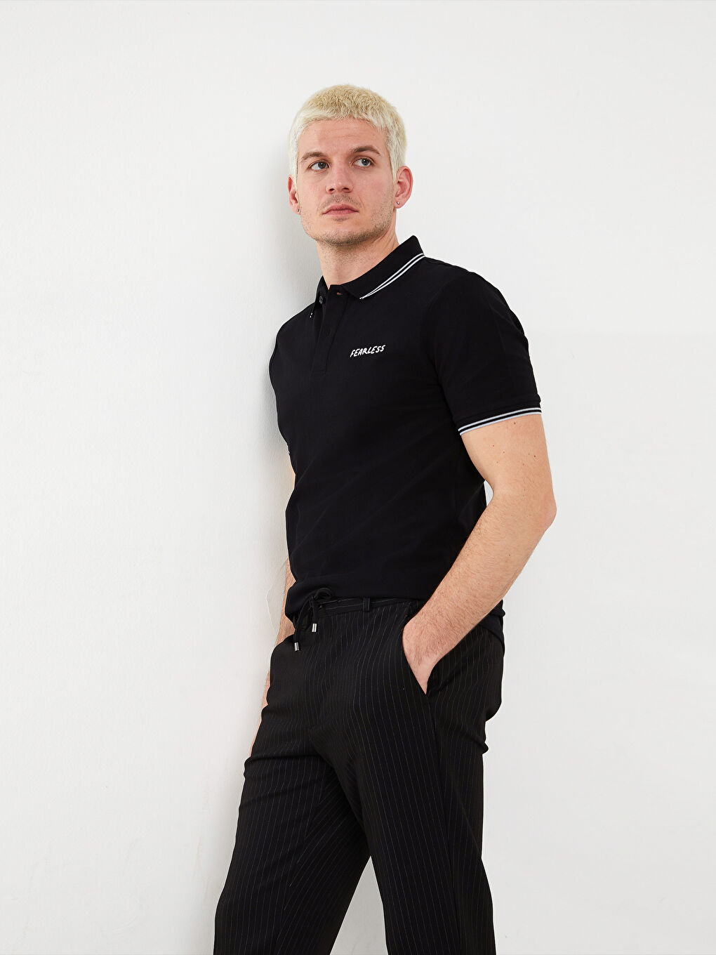 Siyah Polo Yaka Kısa Kollu Baskılı Penye Erkek Tişört