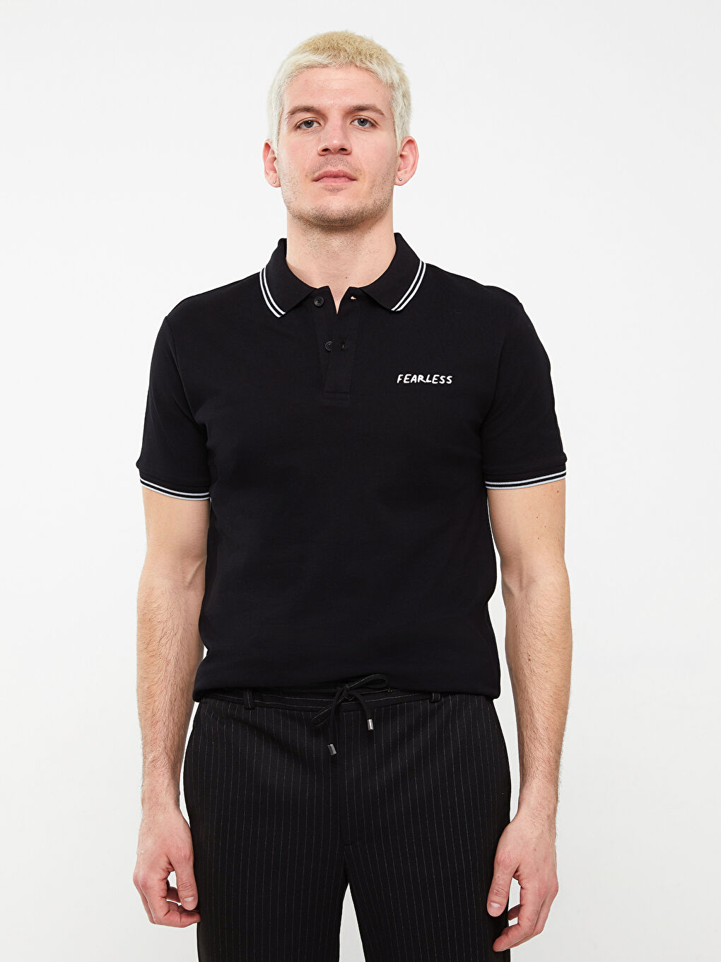 Siyah Polo Yaka Kısa Kollu Baskılı Penye Erkek Tişört-1