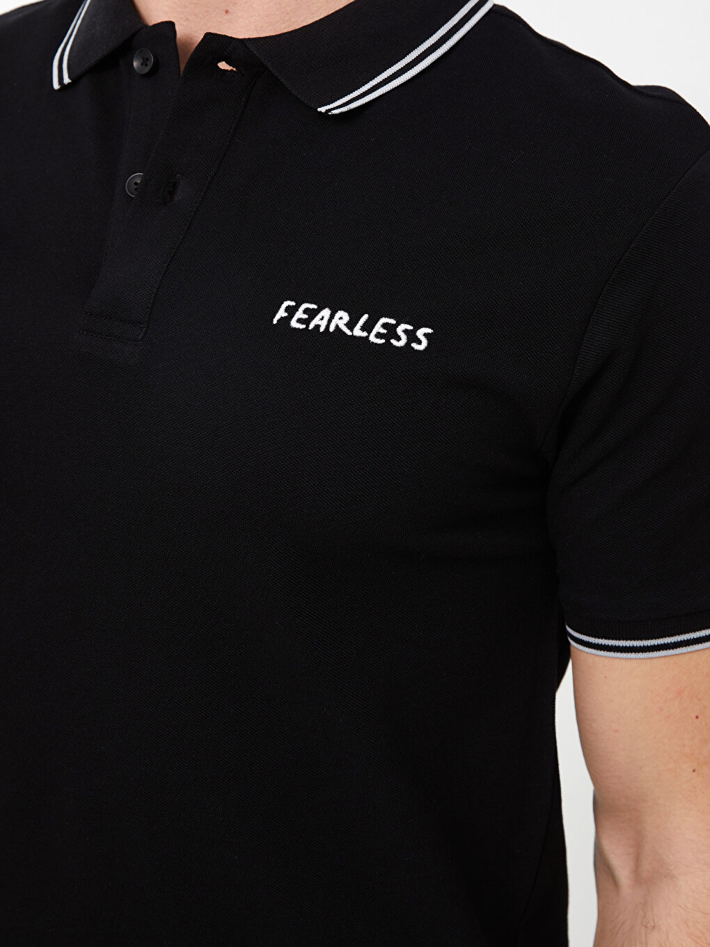 Siyah Polo Yaka Kısa Kollu Baskılı Penye Erkek Tişört-3
