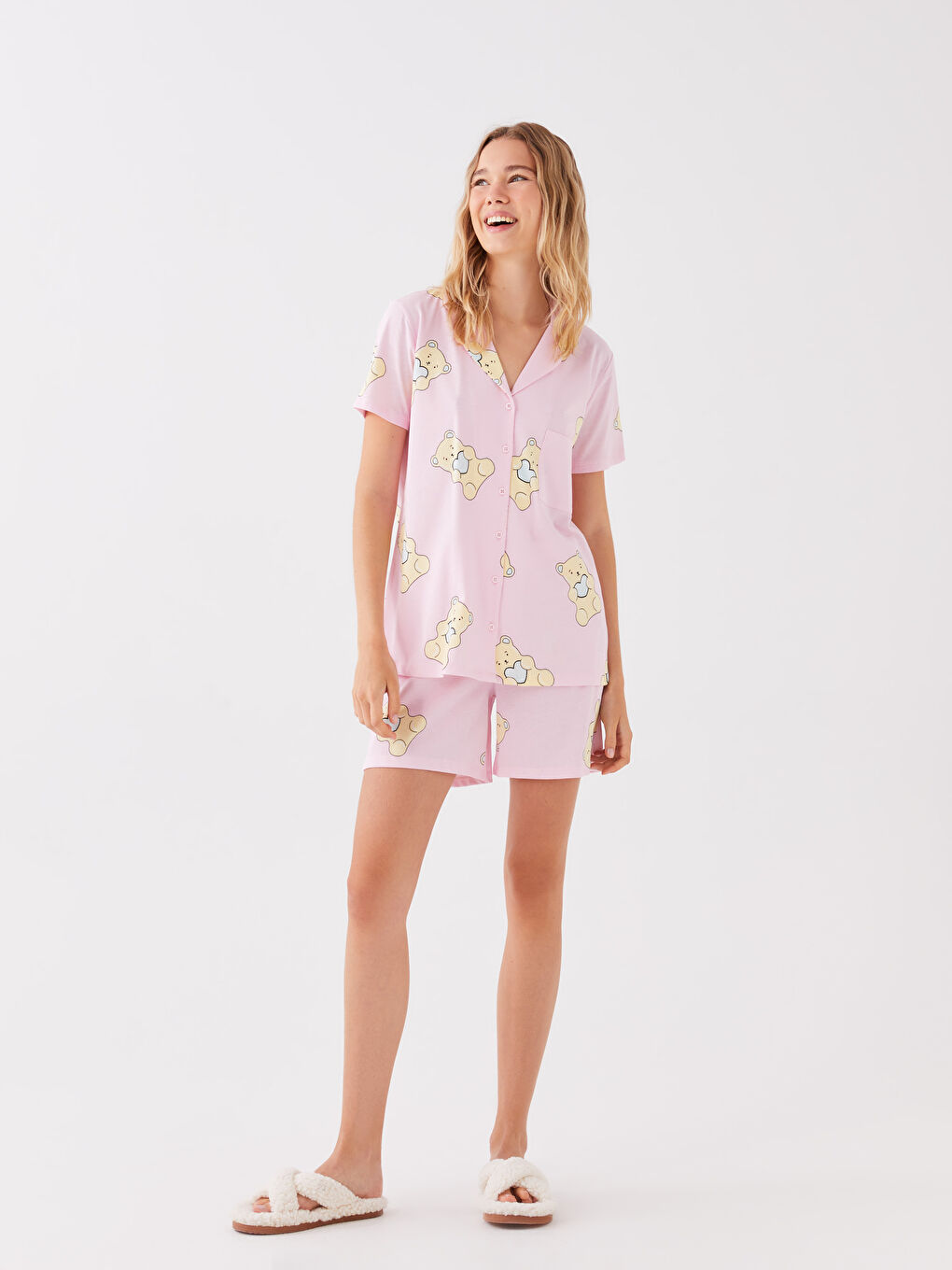 Shirt Collar Patterned Short Sleeve Women's Shorts Pajamas Set -S3FQ41Z8-LT4