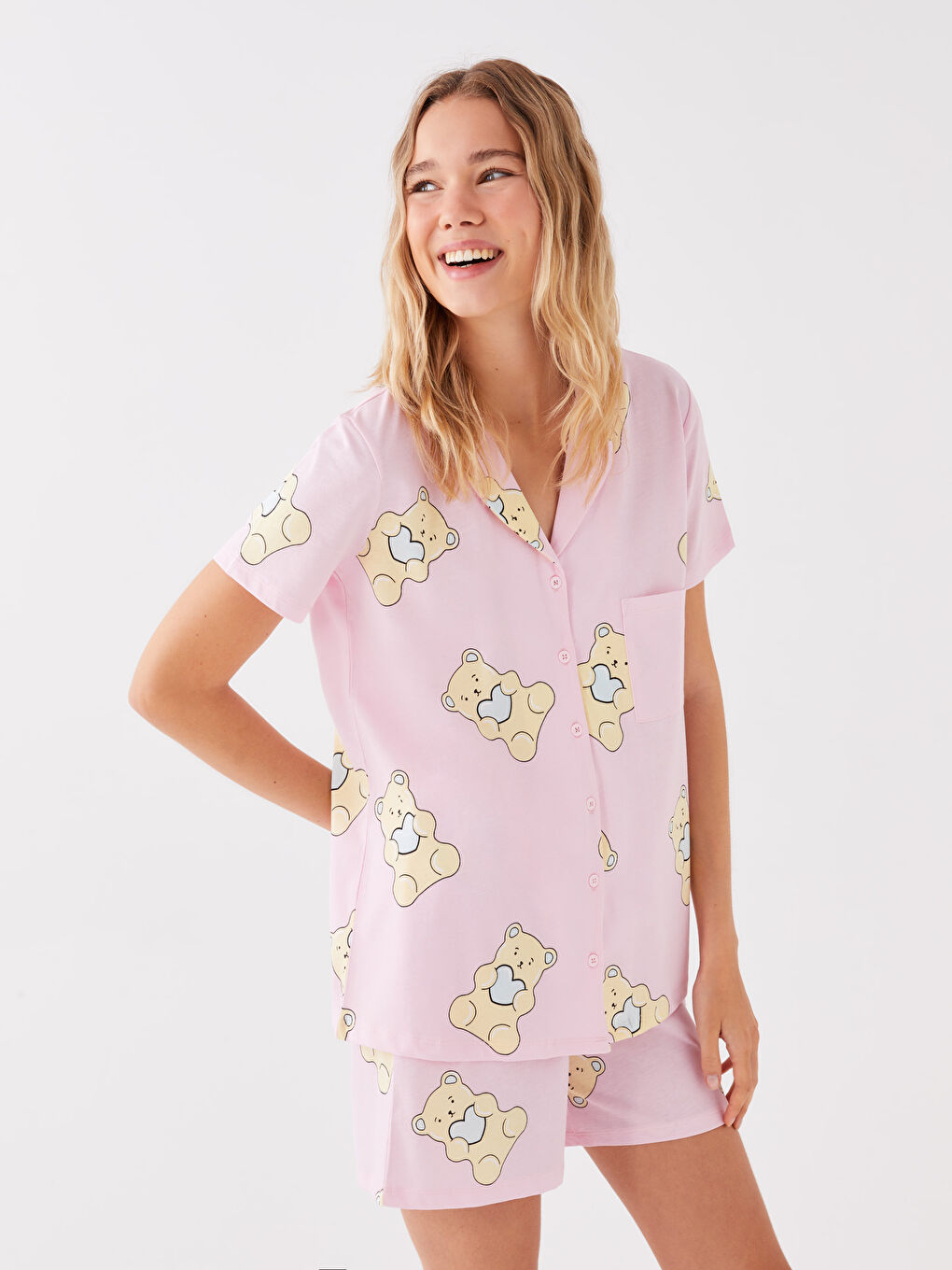 Shirt Collar Patterned Short Sleeve Women's Shorts Pajamas Set -S3FQ41Z8-LT4
