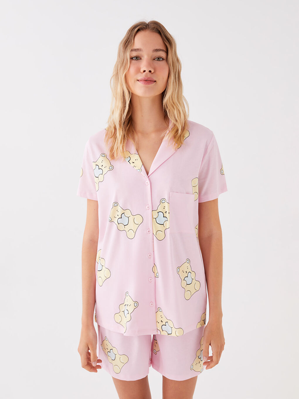Shirt Collar Patterned Short Sleeve Women's Shorts Pajamas Set -S3FQ41Z8-LT4