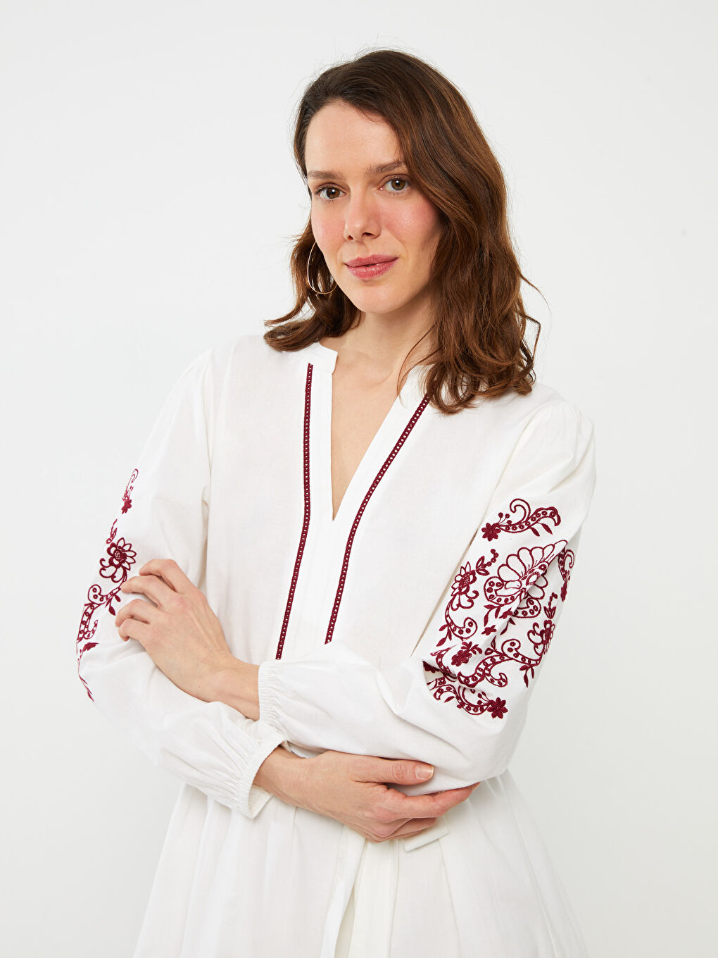 LCWAIKIKI Classic Embroidered Long Sleeve Poplin Women's Dress -S3FQ48Z8-KE8