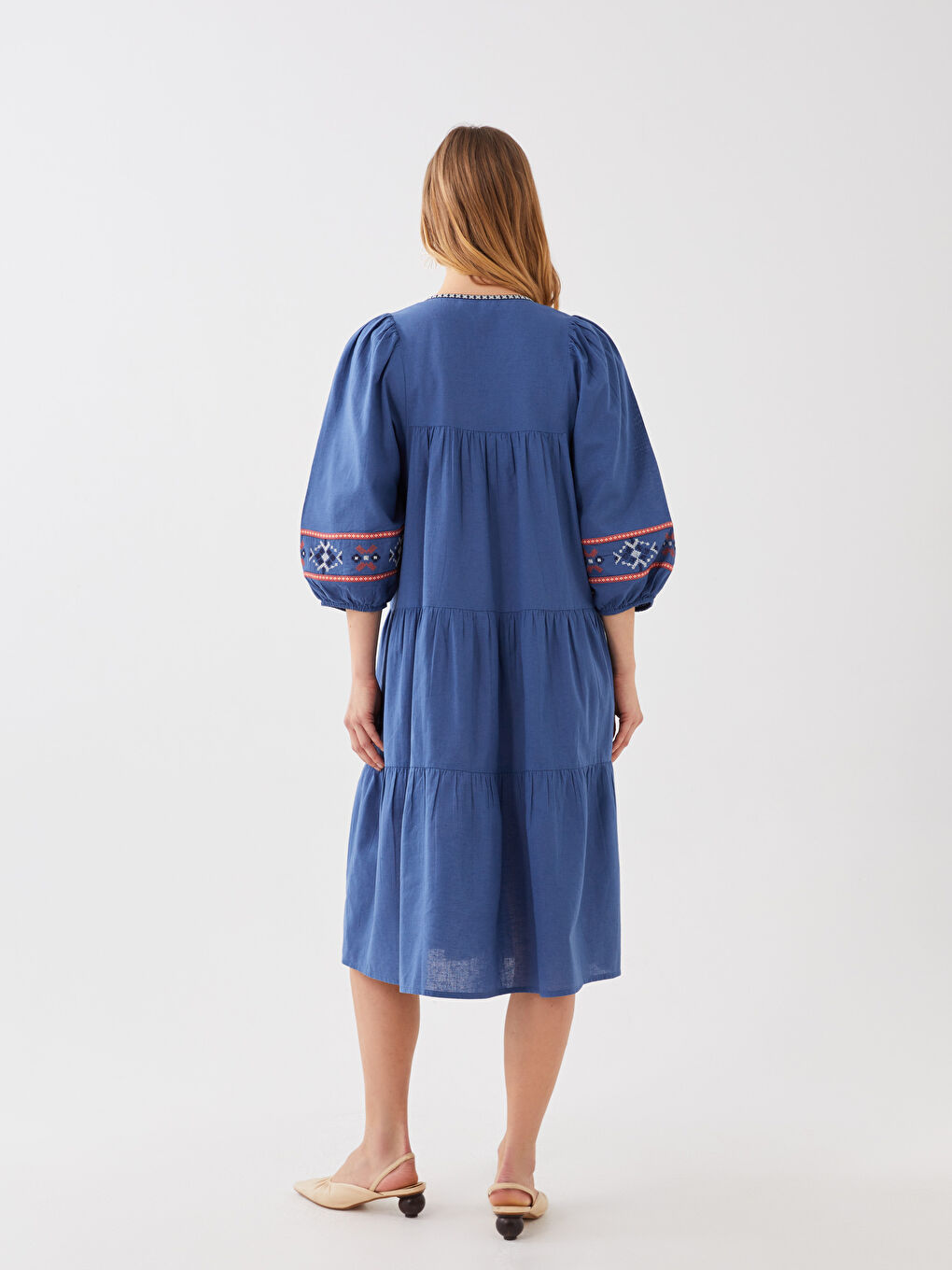 LCWAIKIKI Classic V-Neck Embroidered Balloon Sleeve Voile Women's Dress -S3FQ49Z8-V45