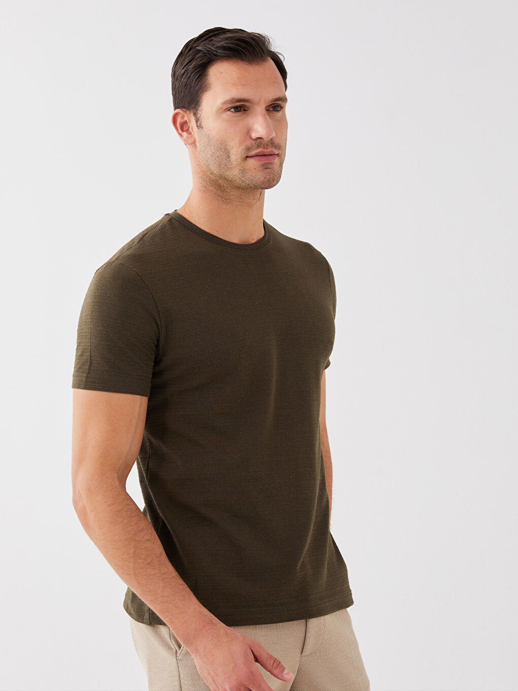 Haki Bisiklet Yaka Kısa Kollu Erkek Tişört-1