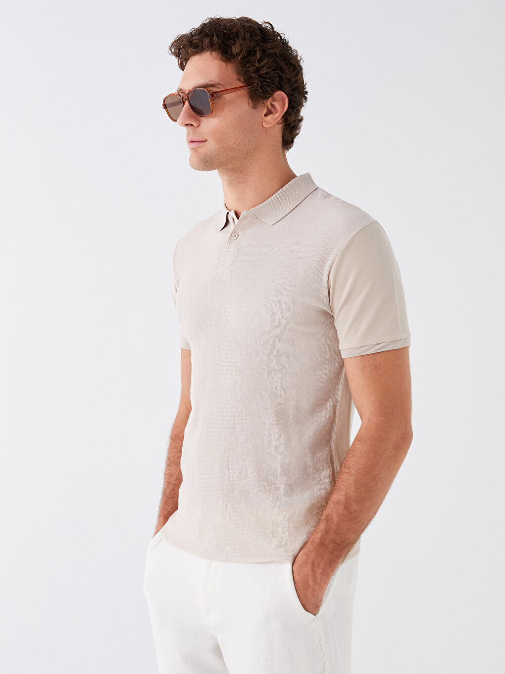 Bej Polo Yaka Kısa Kollu Erkek Tişört