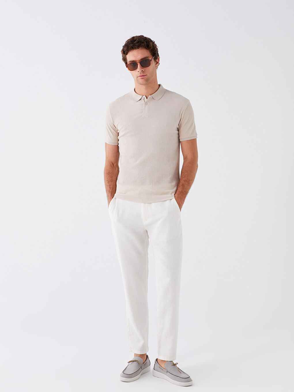 Bej Polo Yaka Kısa Kollu Erkek Tişört-2