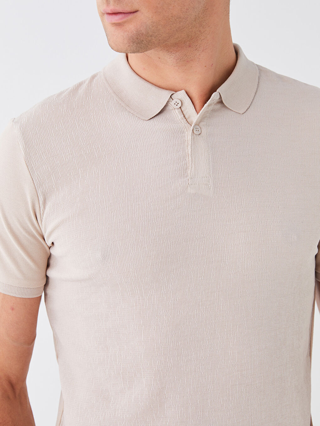 Bej Polo Yaka Kısa Kollu Erkek Tişört-3