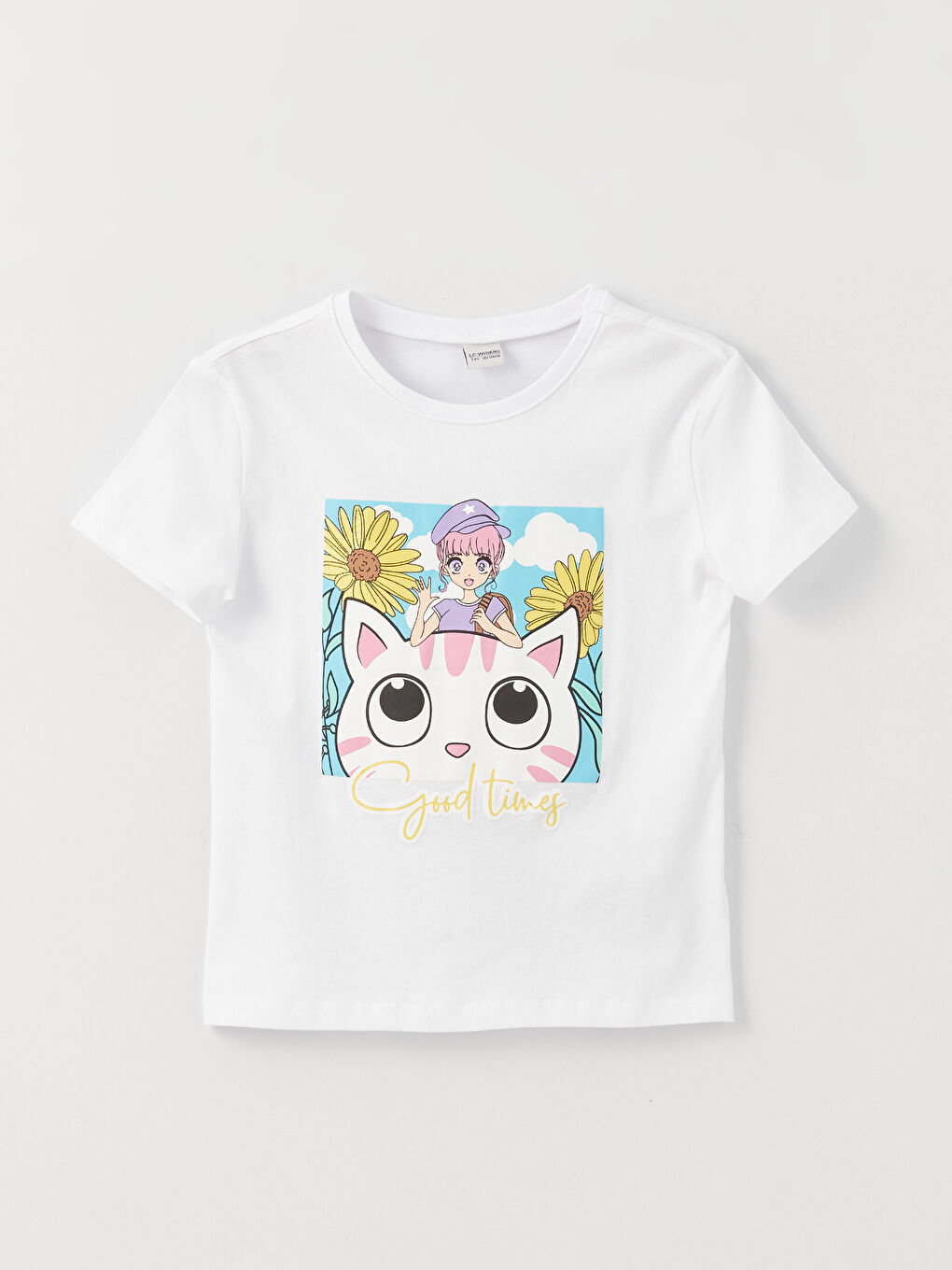Beyaz Bisiklet Yaka Baskılı Kısa Kollu Kız Çocuk Tişört