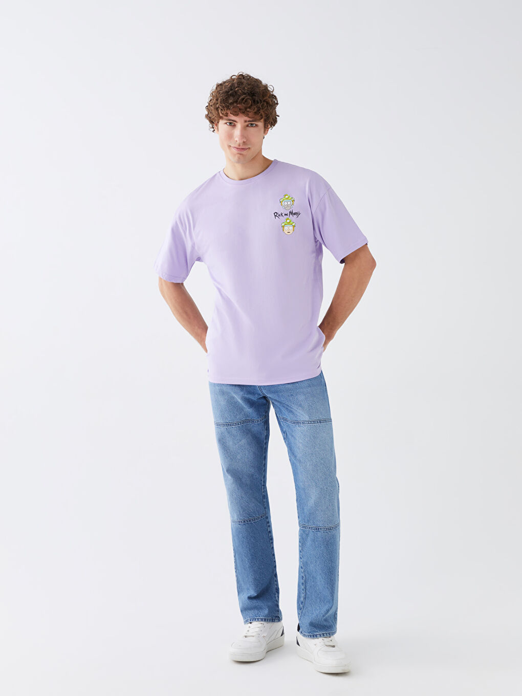 Lila Bisiklet Yaka Kısa Kollu Rick and Morty Baskılı Penye Erkek Tişört-2