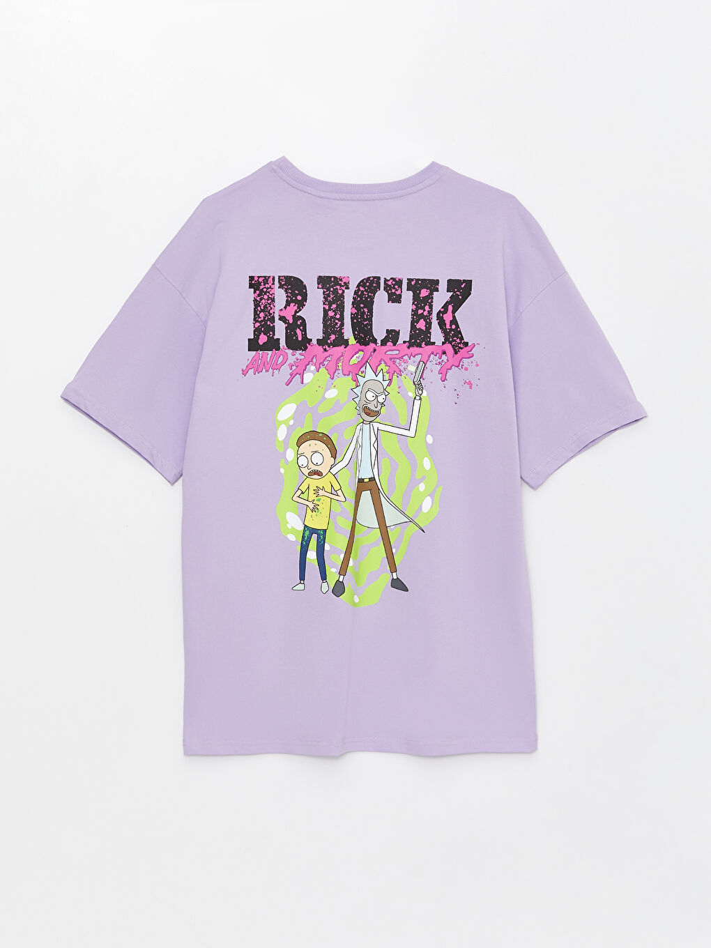 Lila Bisiklet Yaka Kısa Kollu Rick and Morty Baskılı Penye Erkek Tişört-6