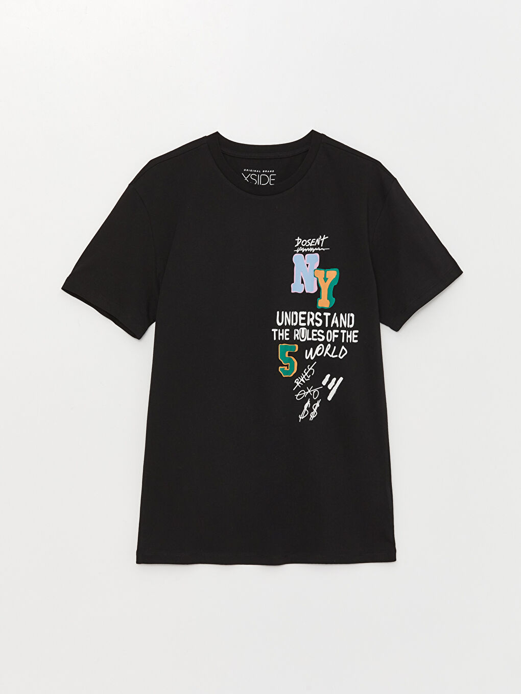 Siyah Bisiklet Yaka Kısa Kollu Baskılı Penye Erkek Tişört-5