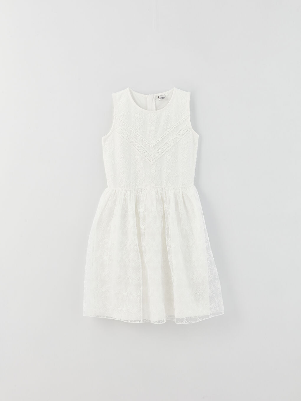 Beyaz Bisiklet Yaka Nakışlı Kız Çocuk Elbise