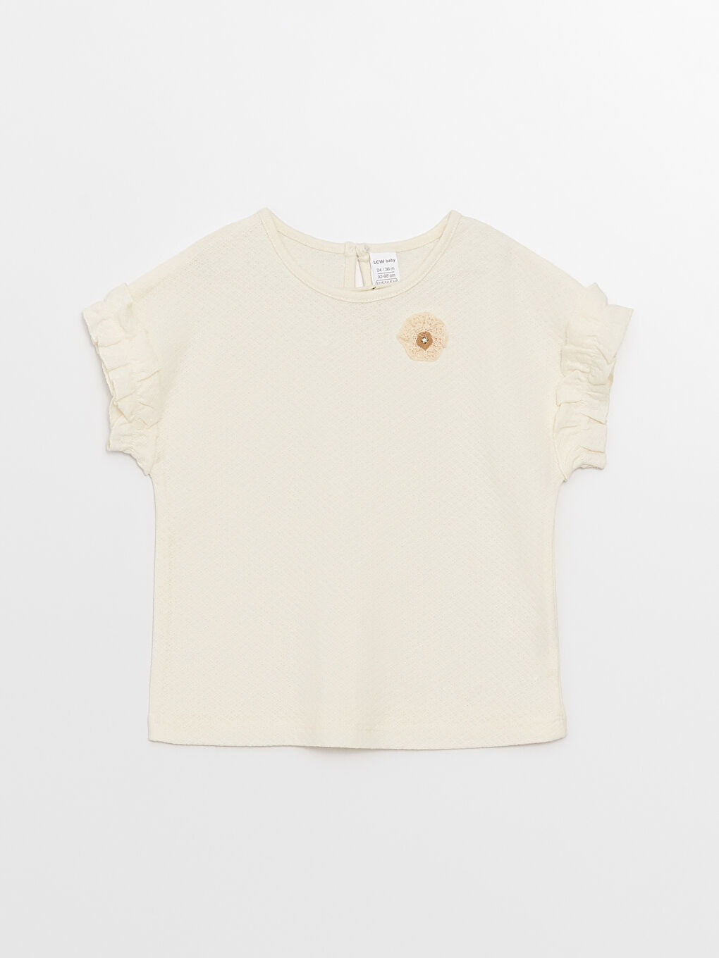 Ekru Bisiklet Yaka Kısa Kollu Nakış Detaylı Kız Bebek Tişört