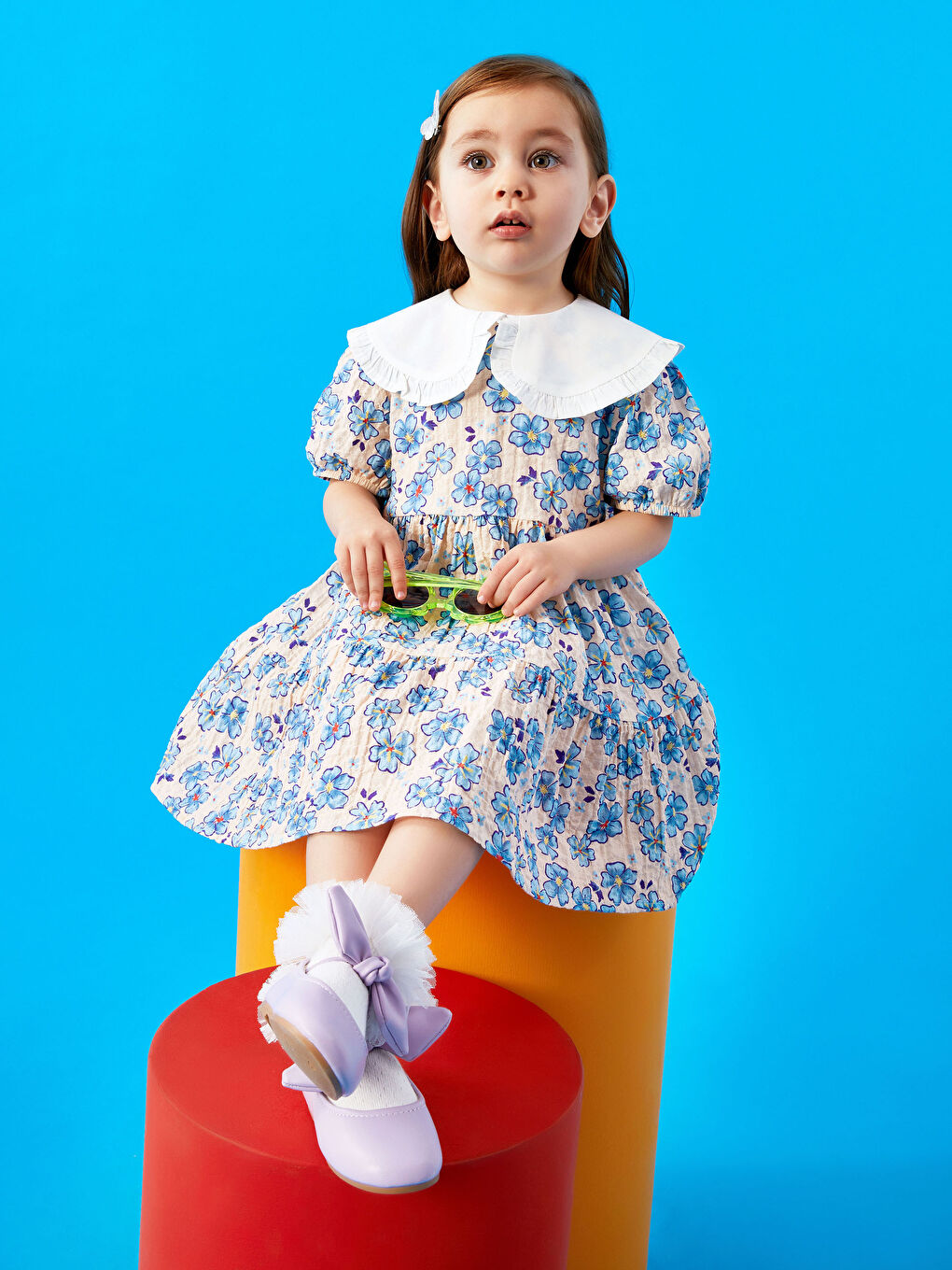 Bebe Collar Short Sleeve Patterned Baby Girl Dress -S3FR41Z1-LRA