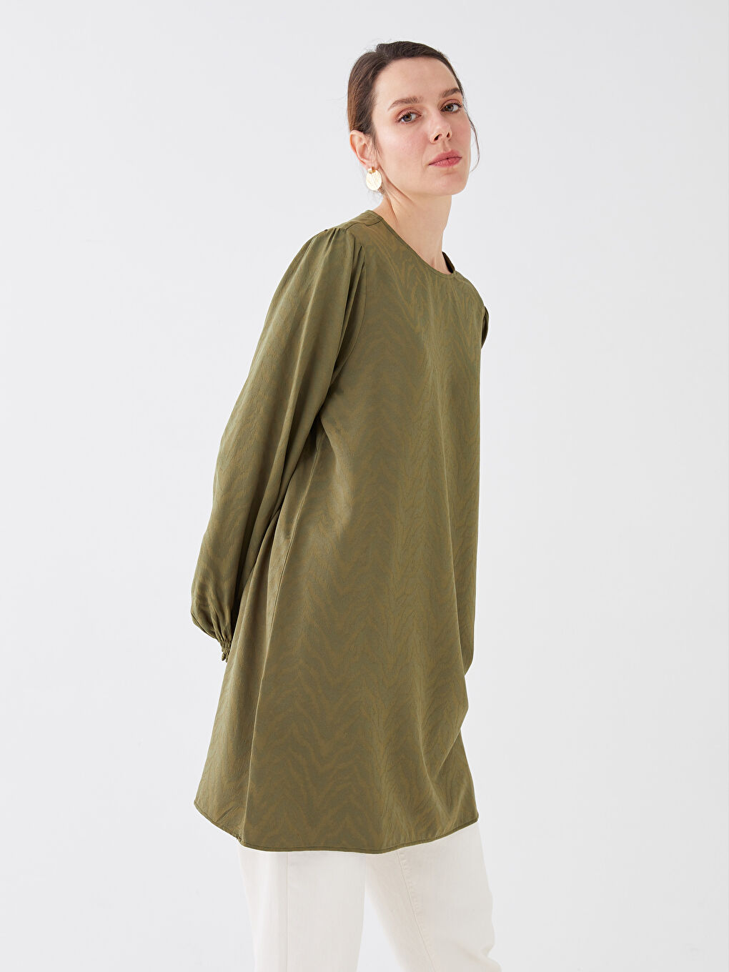 Haki Bisiklet Yaka Desenli Uzun Kollu Saten Kadın Tunik