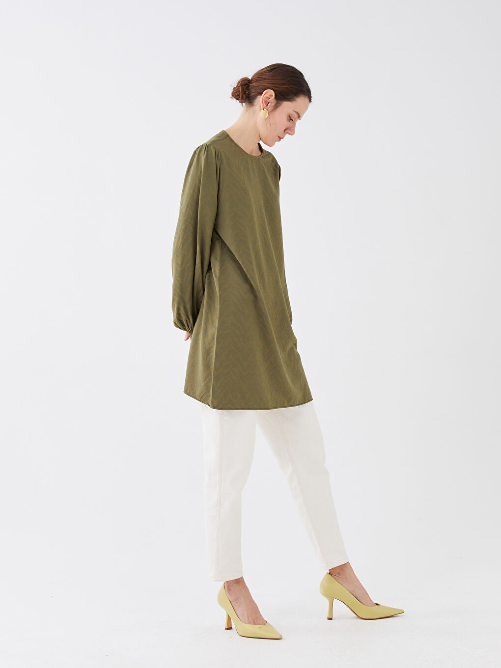 Haki Bisiklet Yaka Desenli Uzun Kollu Saten Kadın Tunik-3