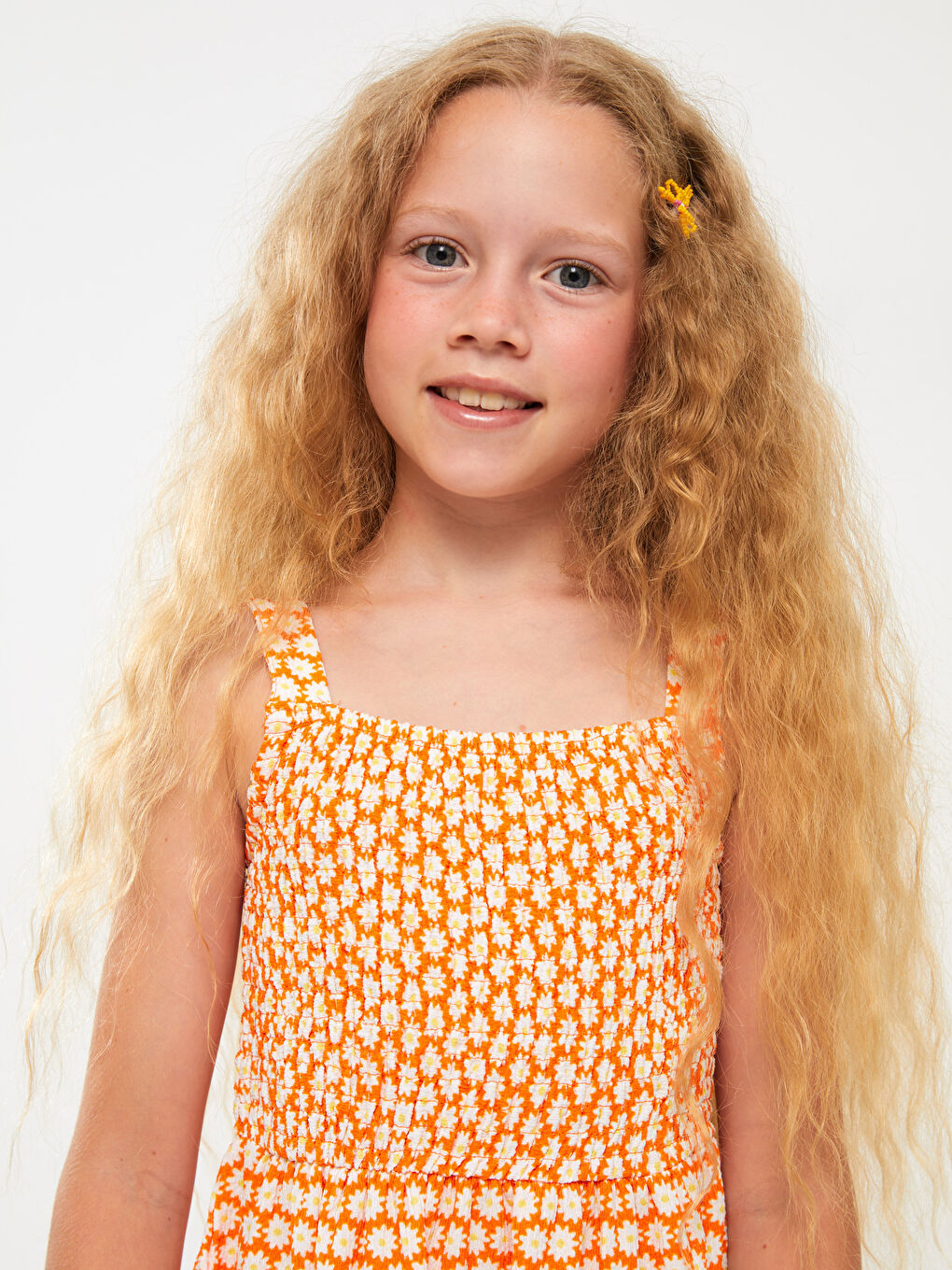 Turuncu Kare Yaka Desenli Kız Çocuk Elbise-2