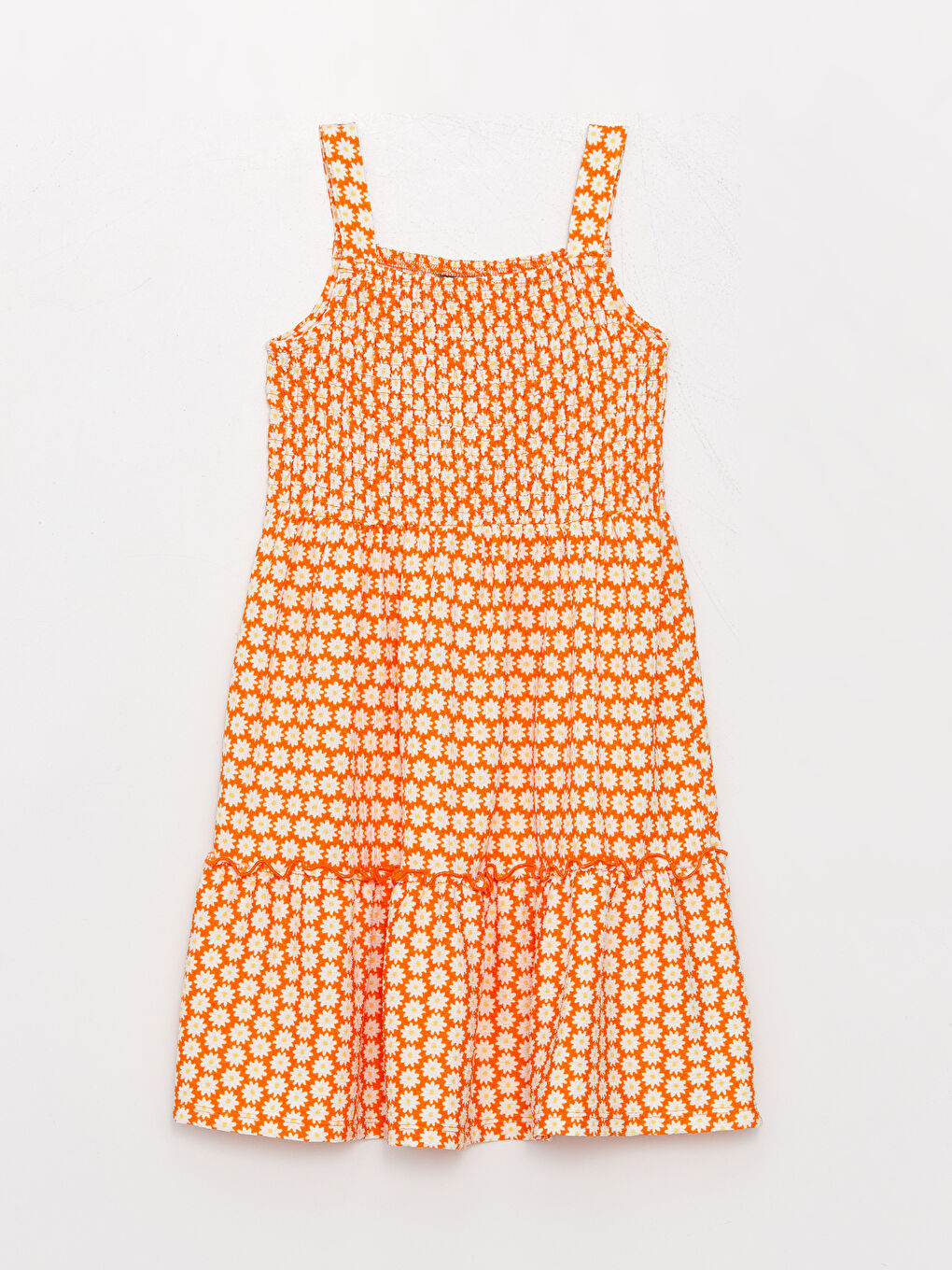 Turuncu Kare Yaka Desenli Kız Çocuk Elbise-3