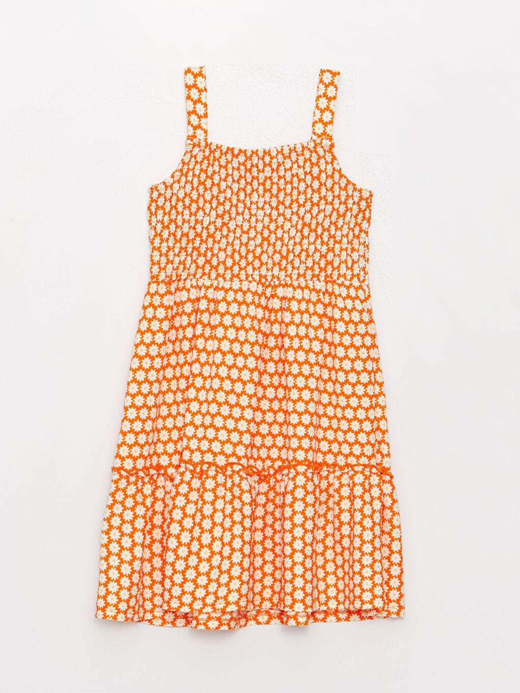 Turuncu Kare Yaka Desenli Kız Çocuk Elbise-4