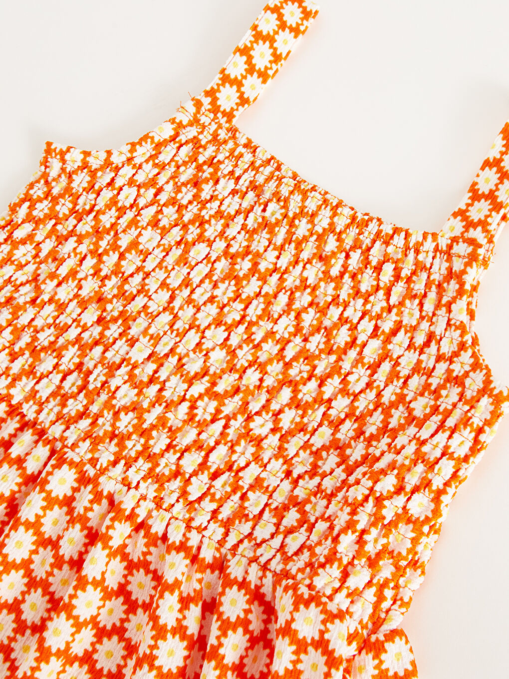 Turuncu Kare Yaka Desenli Kız Çocuk Elbise-5