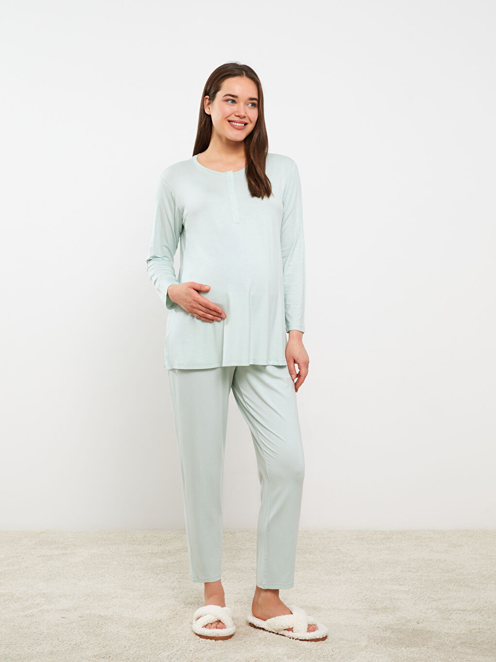 Crew Neck Plain Long Sleeve Maternity Pyjama Set-1