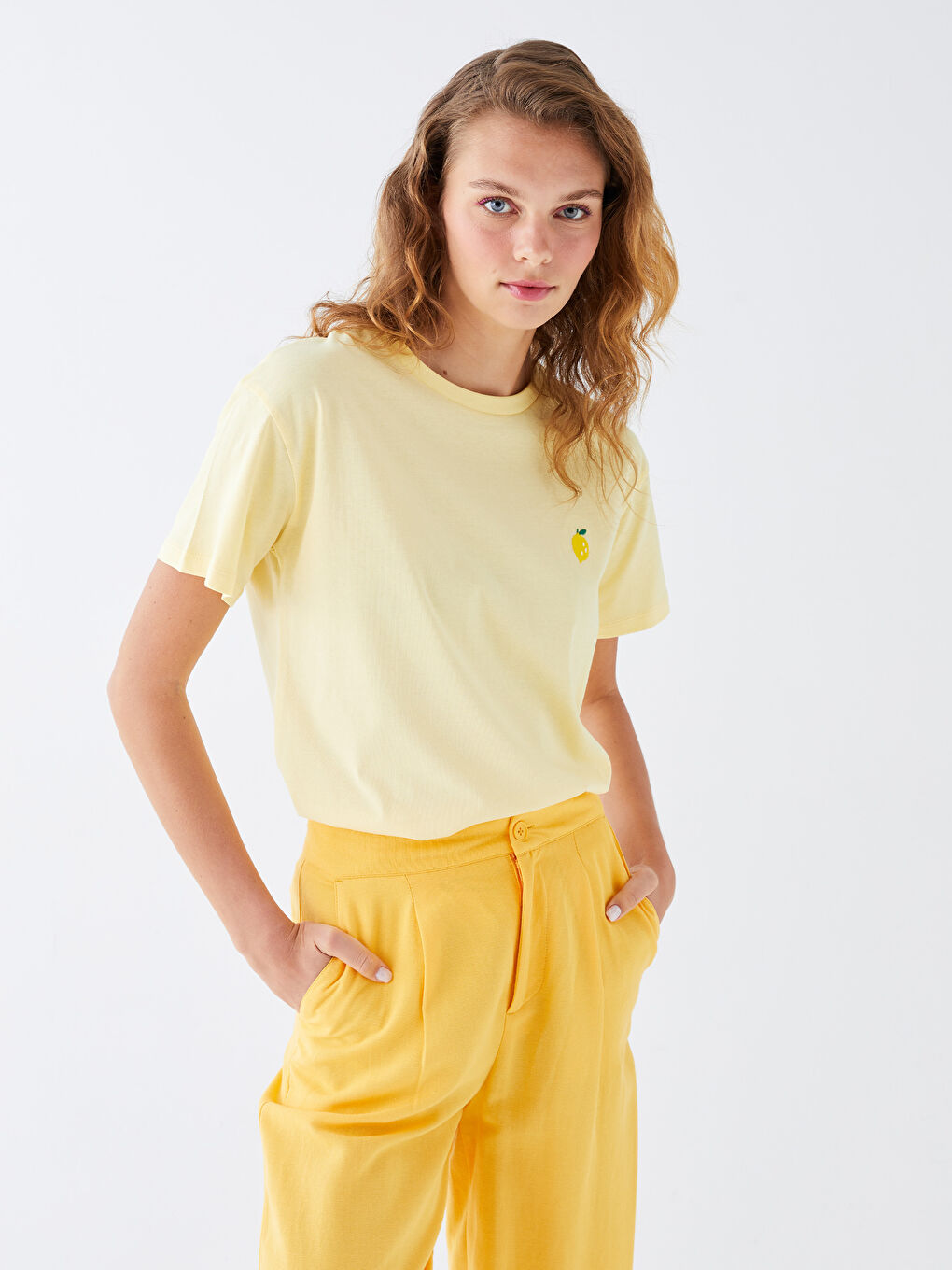 Sarı Bisiklet Yaka Nakışlı Kısa Kollu Kadın Tişört