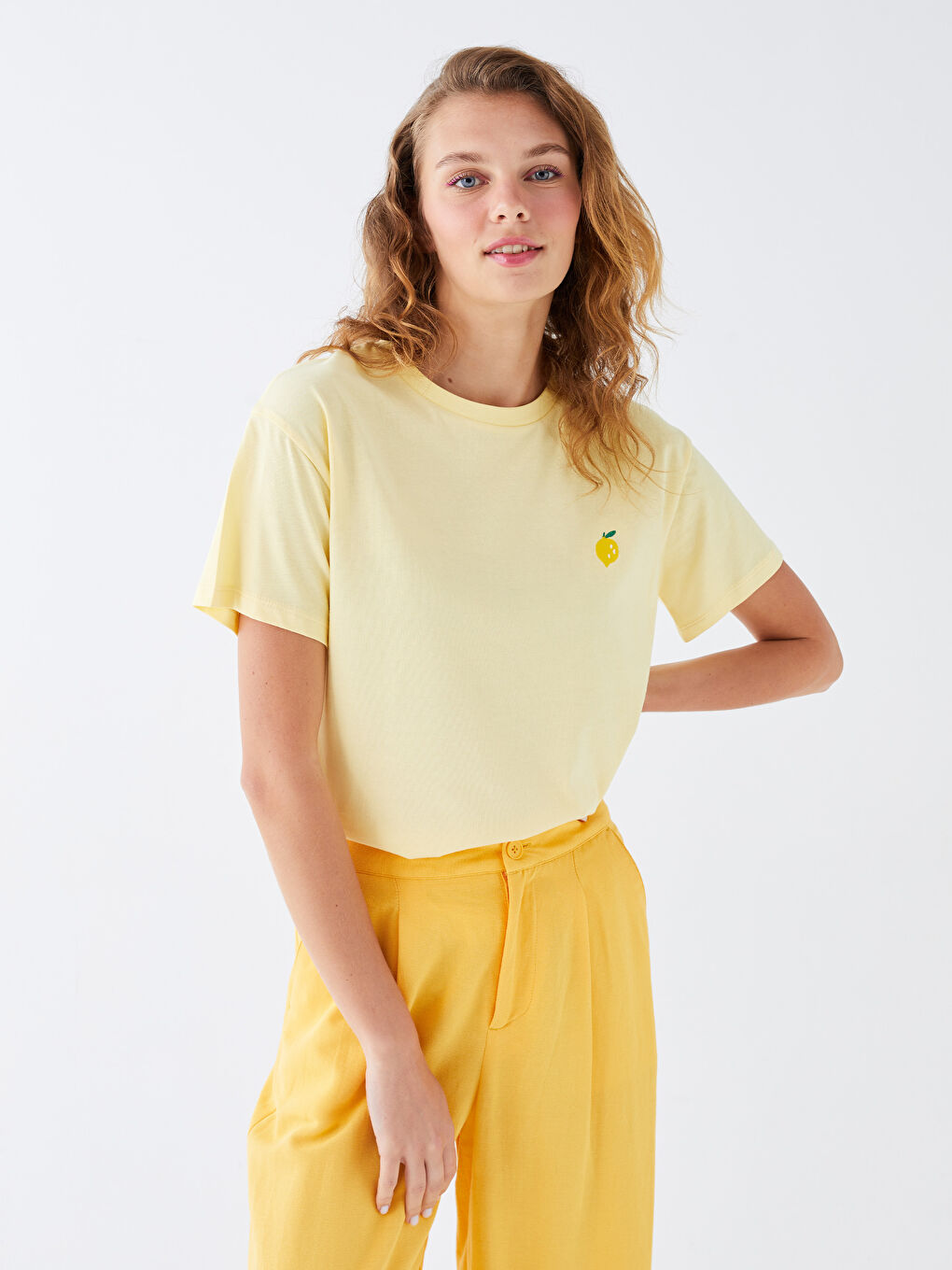 Sarı Bisiklet Yaka Nakışlı Kısa Kollu Kadın Tişört-1