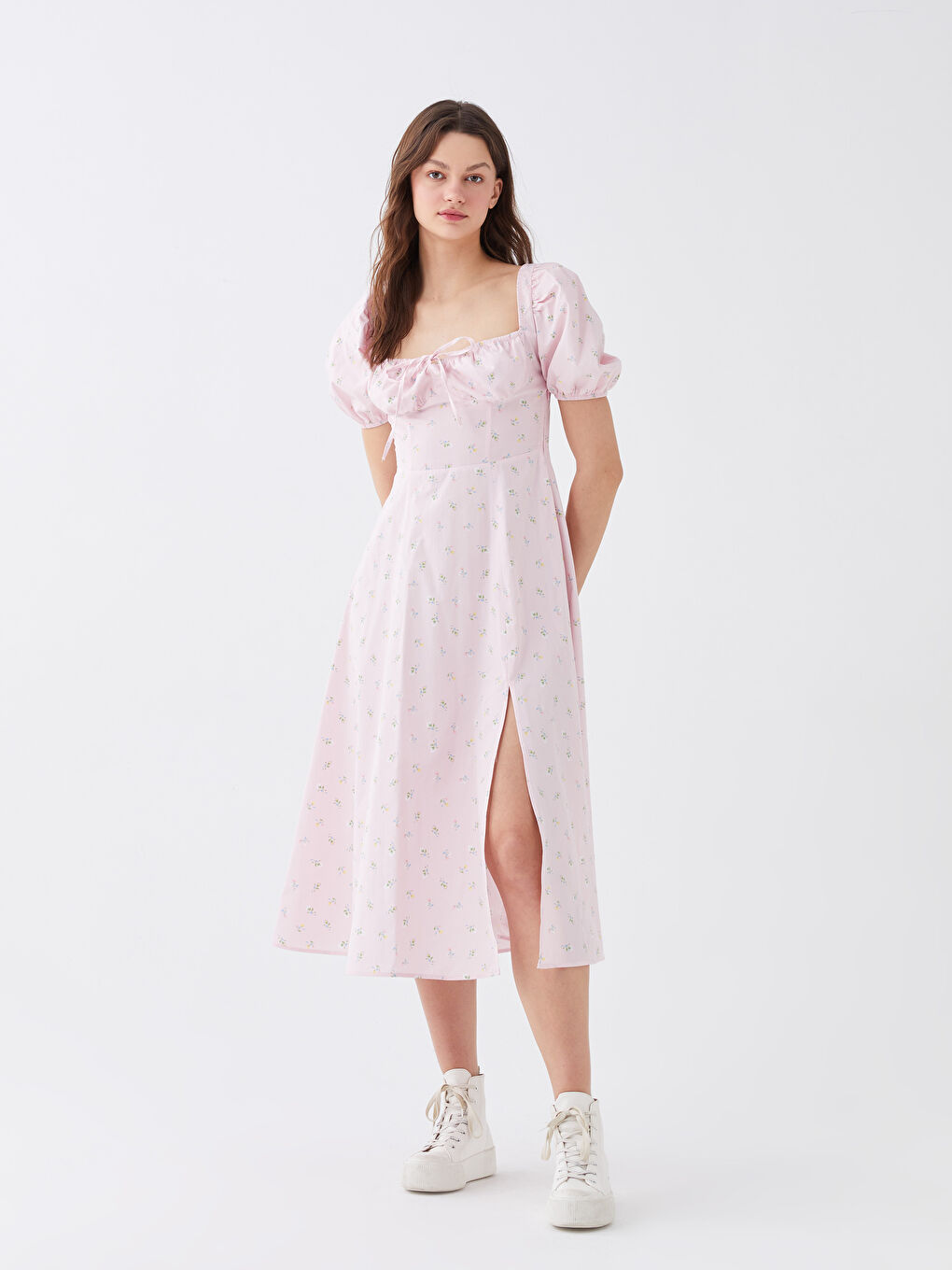 Rochie cu Guler Pătrat Floral cu Mânecă Scurtă pentru Femei