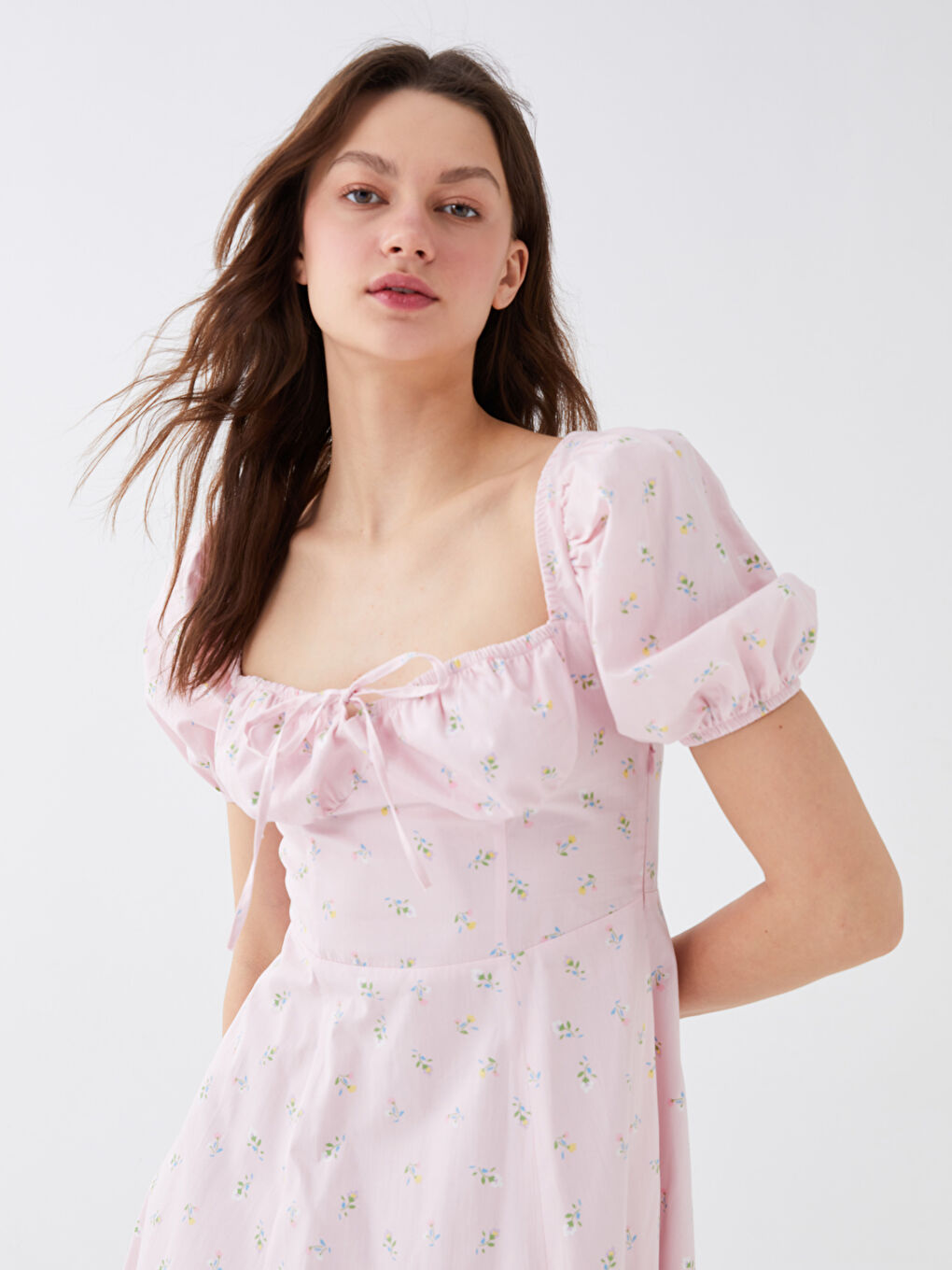 Rochie cu Guler Pătrat Floral cu Mânecă Scurtă pentru Femei-2