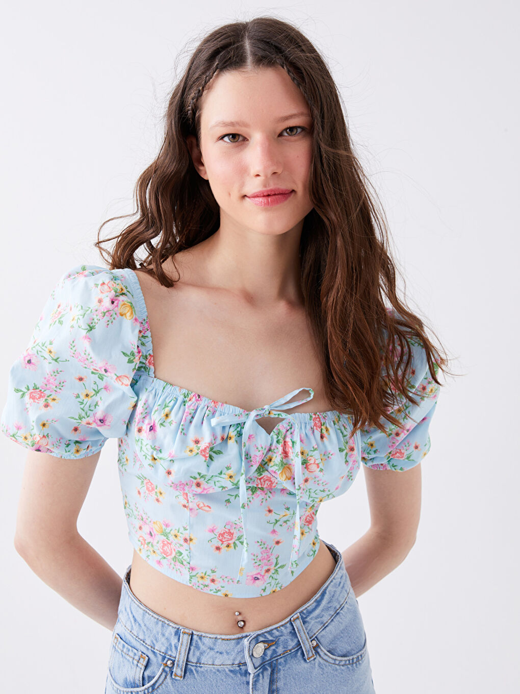 Heart Collar Floral Balloon Sleeve Crop Women's Blouse