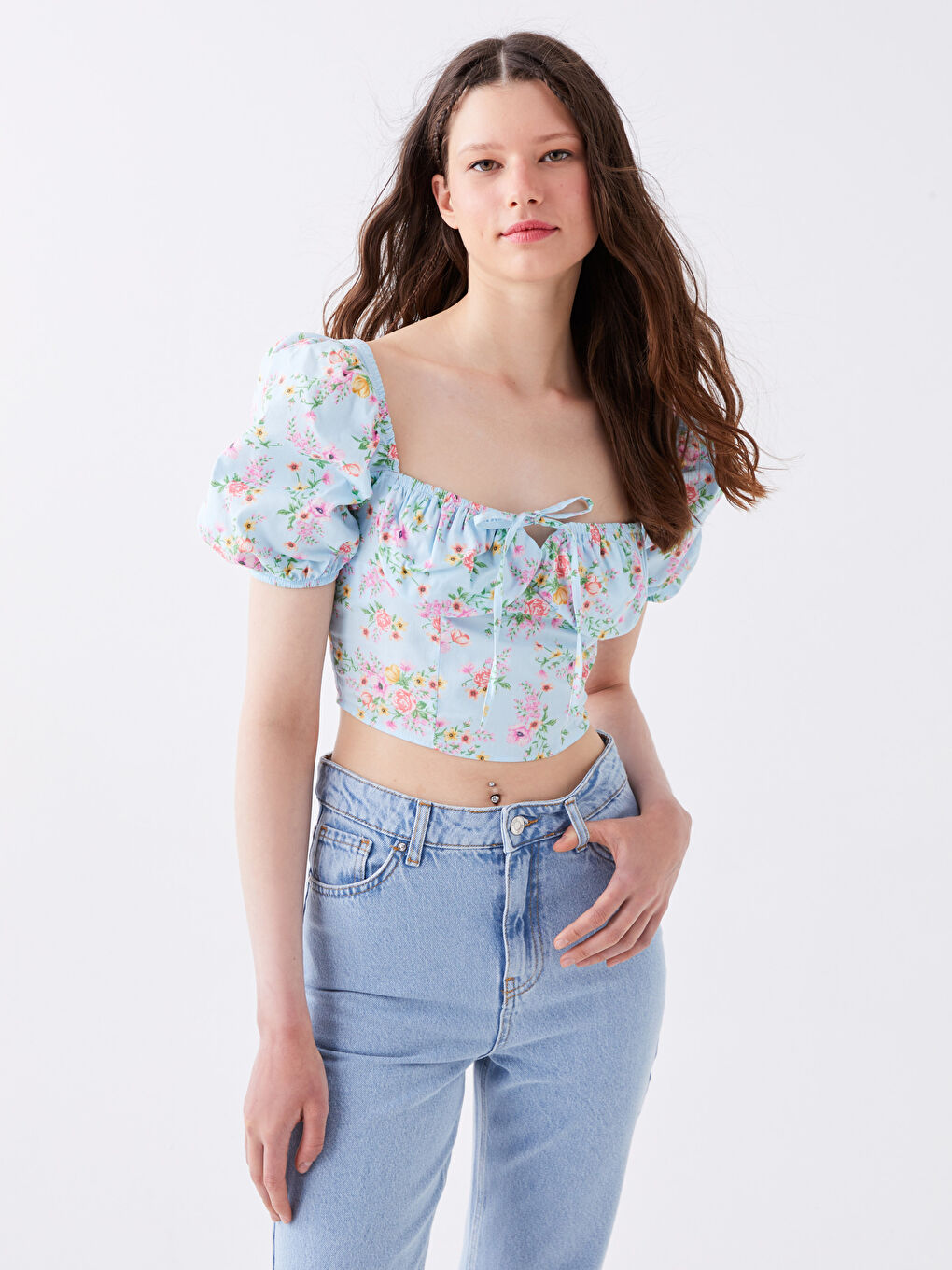 Heart Collar Floral Balloon Sleeve Crop Women's Blouse-1