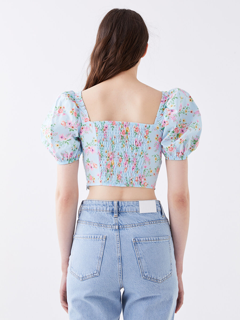 Heart Collar Floral Balloon Sleeve Crop Women's Blouse-4