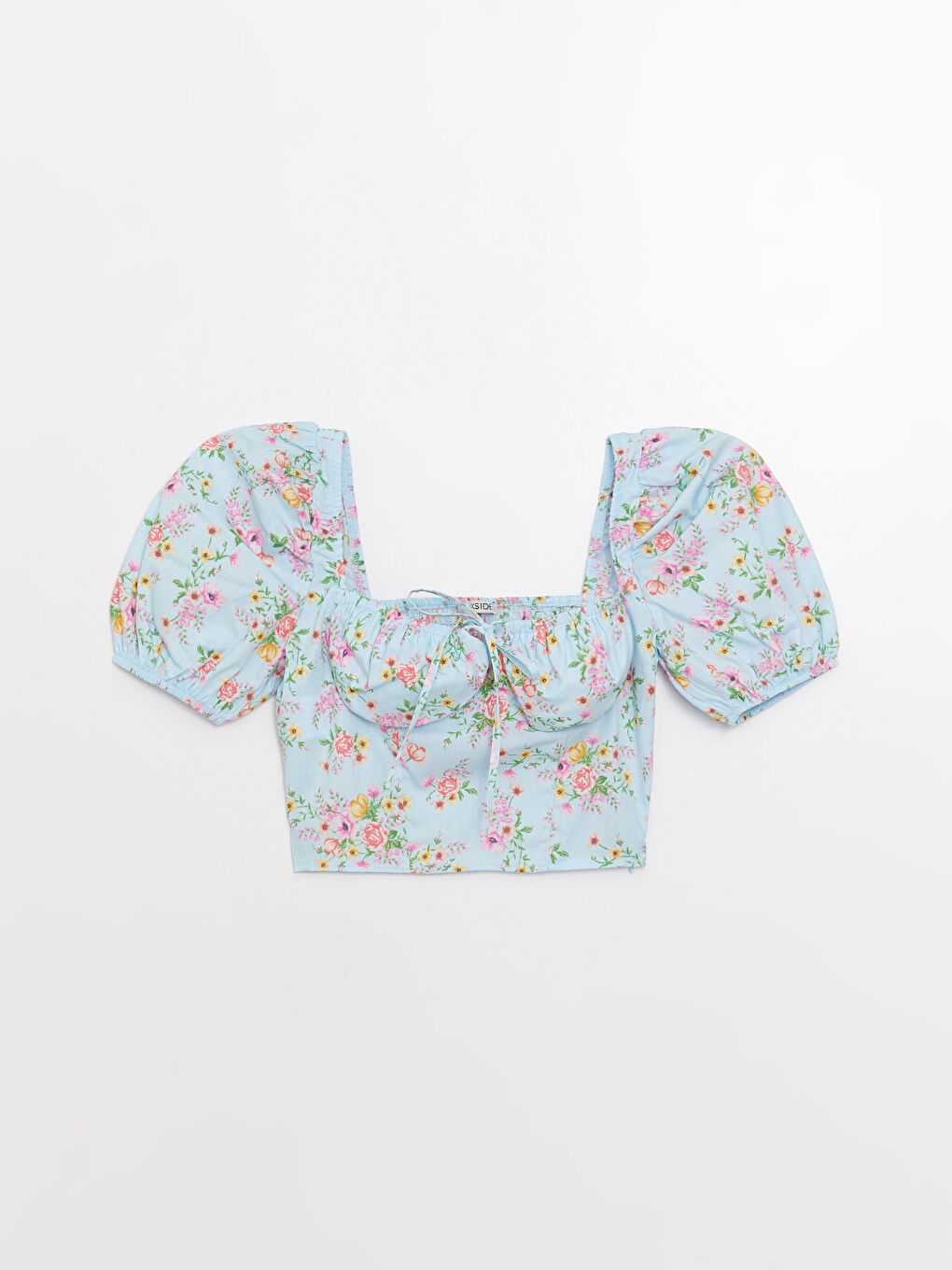 Heart Collar Floral Balloon Sleeve Crop Women's Blouse-5
