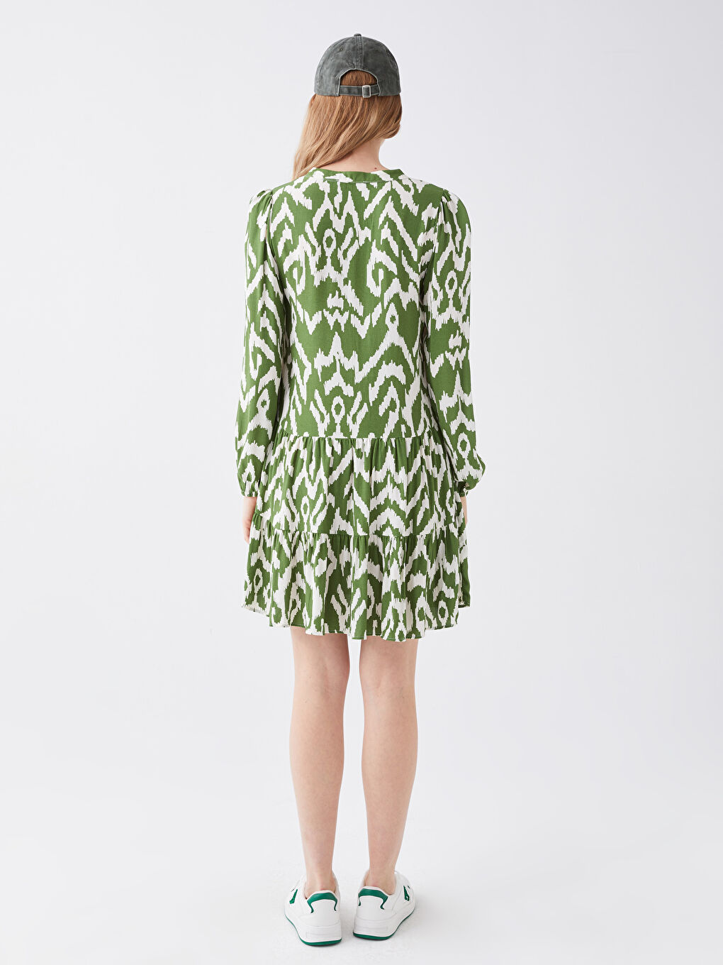 Yeşil Kaçık Yaka Desenli Uzun Kollu Kadın Elbise-4