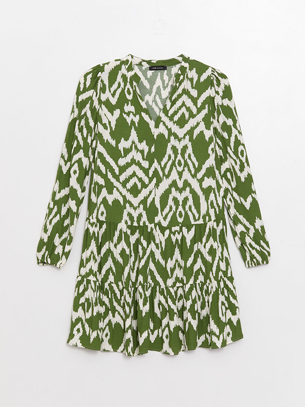 Yeşil Kaçık Yaka Desenli Uzun Kollu Kadın Elbise-5