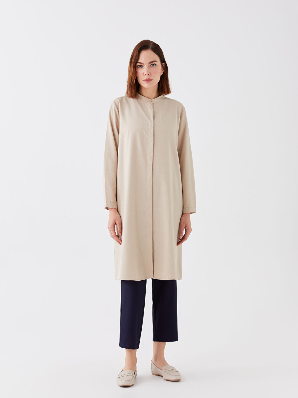 Bej Hakim Yaka Düz Uzun Kollu Kadın Tunik