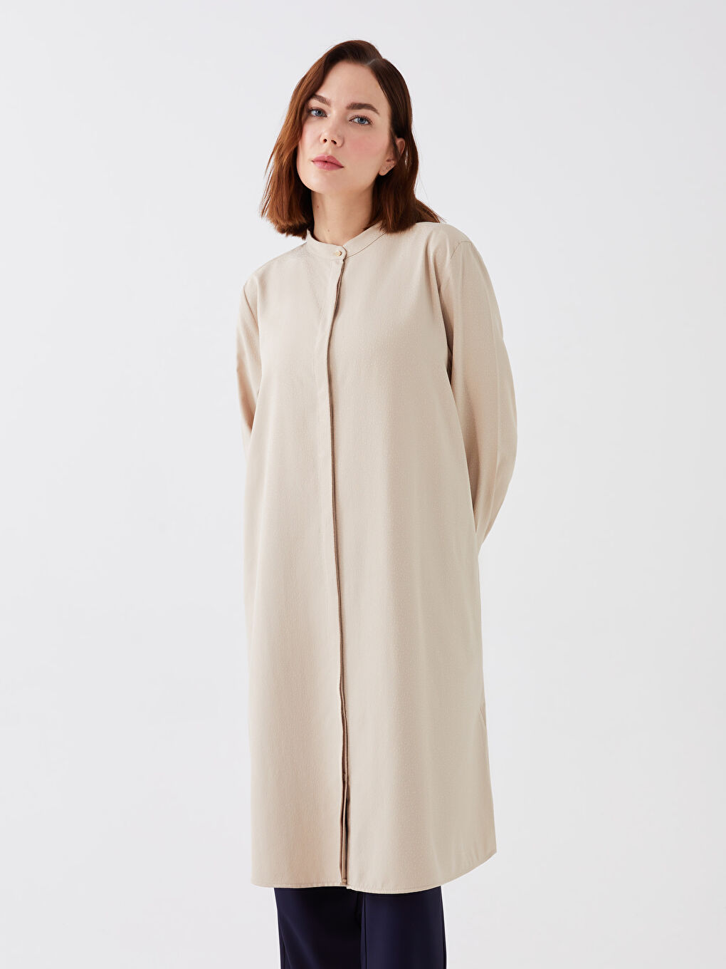 Bej Hakim Yaka Düz Uzun Kollu Kadın Tunik-1