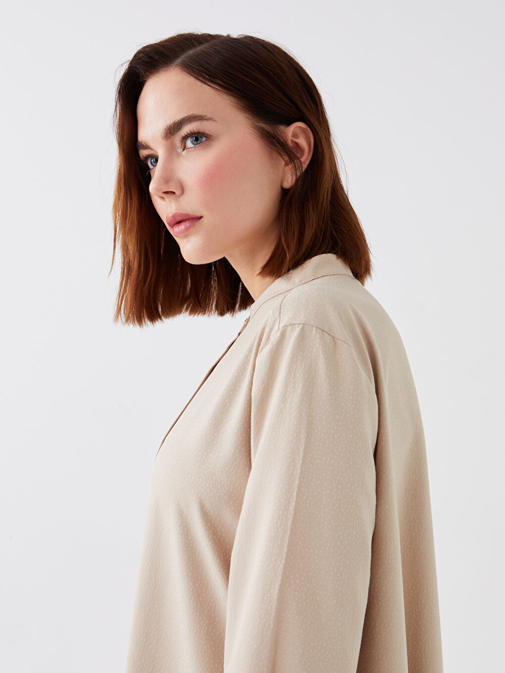 Bej Hakim Yaka Düz Uzun Kollu Kadın Tunik-2