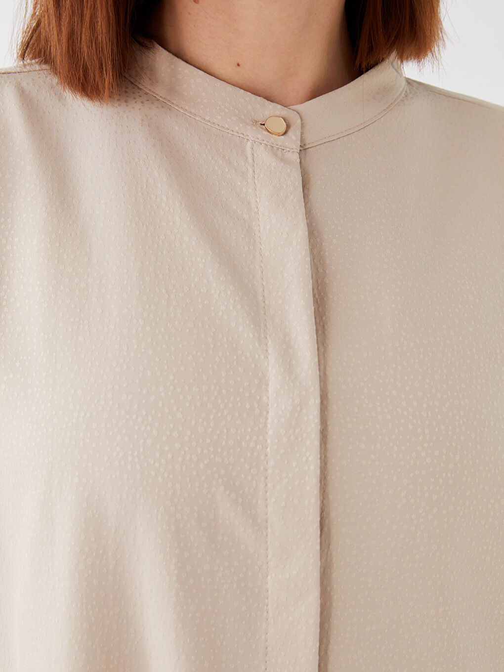 Bej Hakim Yaka Düz Uzun Kollu Kadın Tunik-3