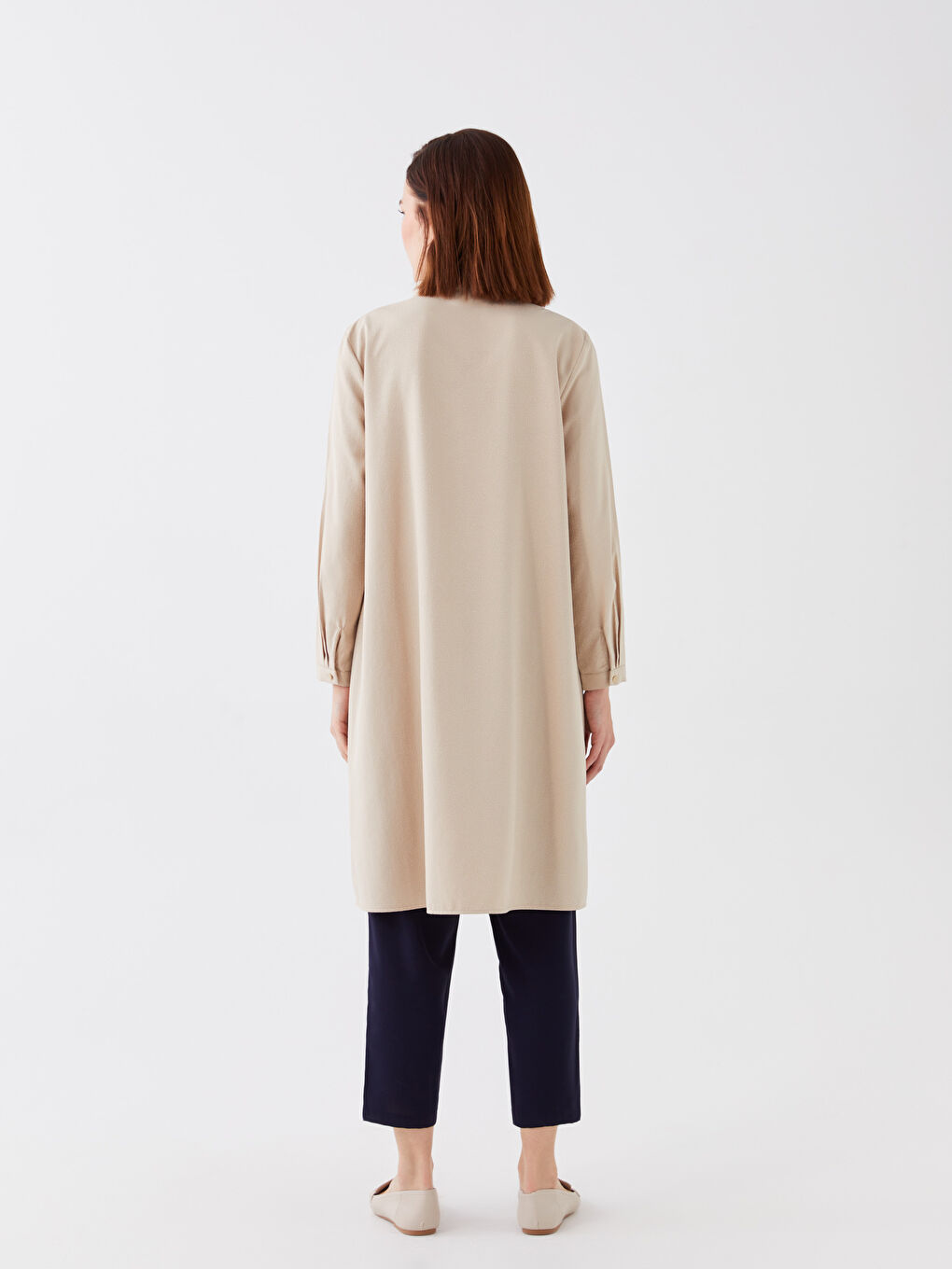 Bej Hakim Yaka Düz Uzun Kollu Kadın Tunik-4