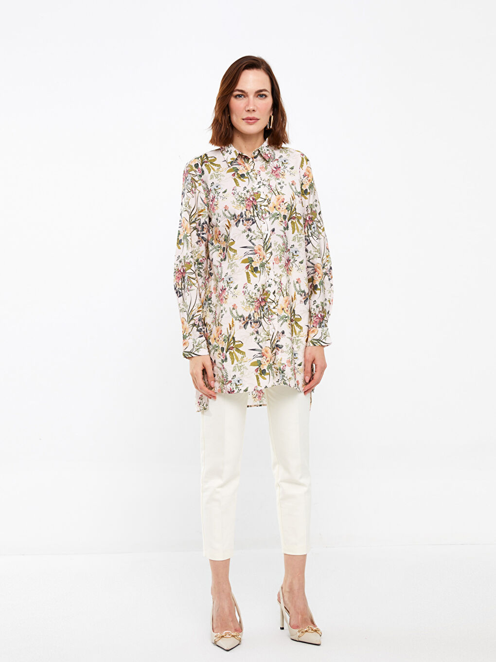 Pembe Çiçekli Uzun Kollu Poplin Kadın Gömlek Tunik-1