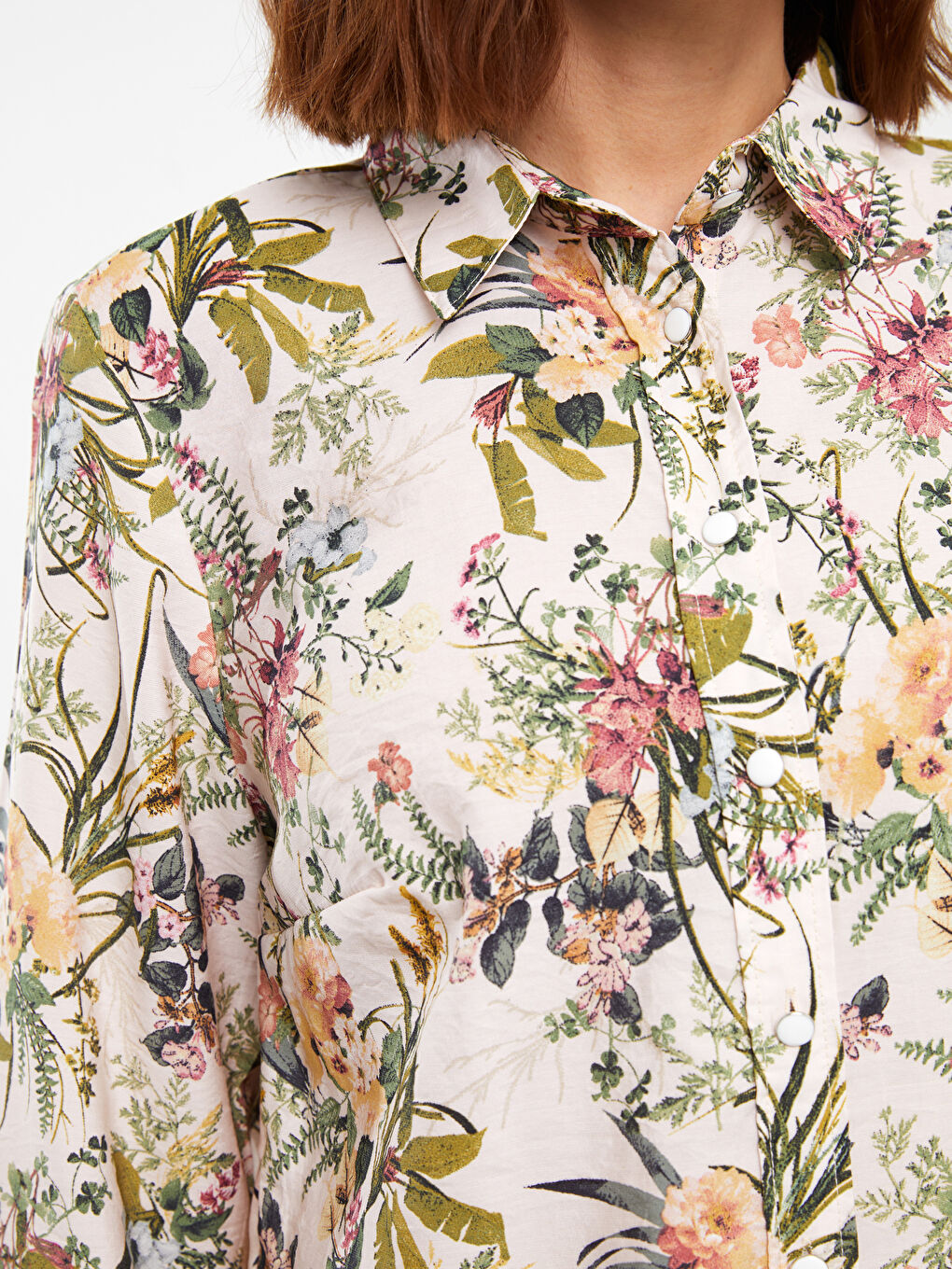 Pembe Çiçekli Uzun Kollu Poplin Kadın Gömlek Tunik-3